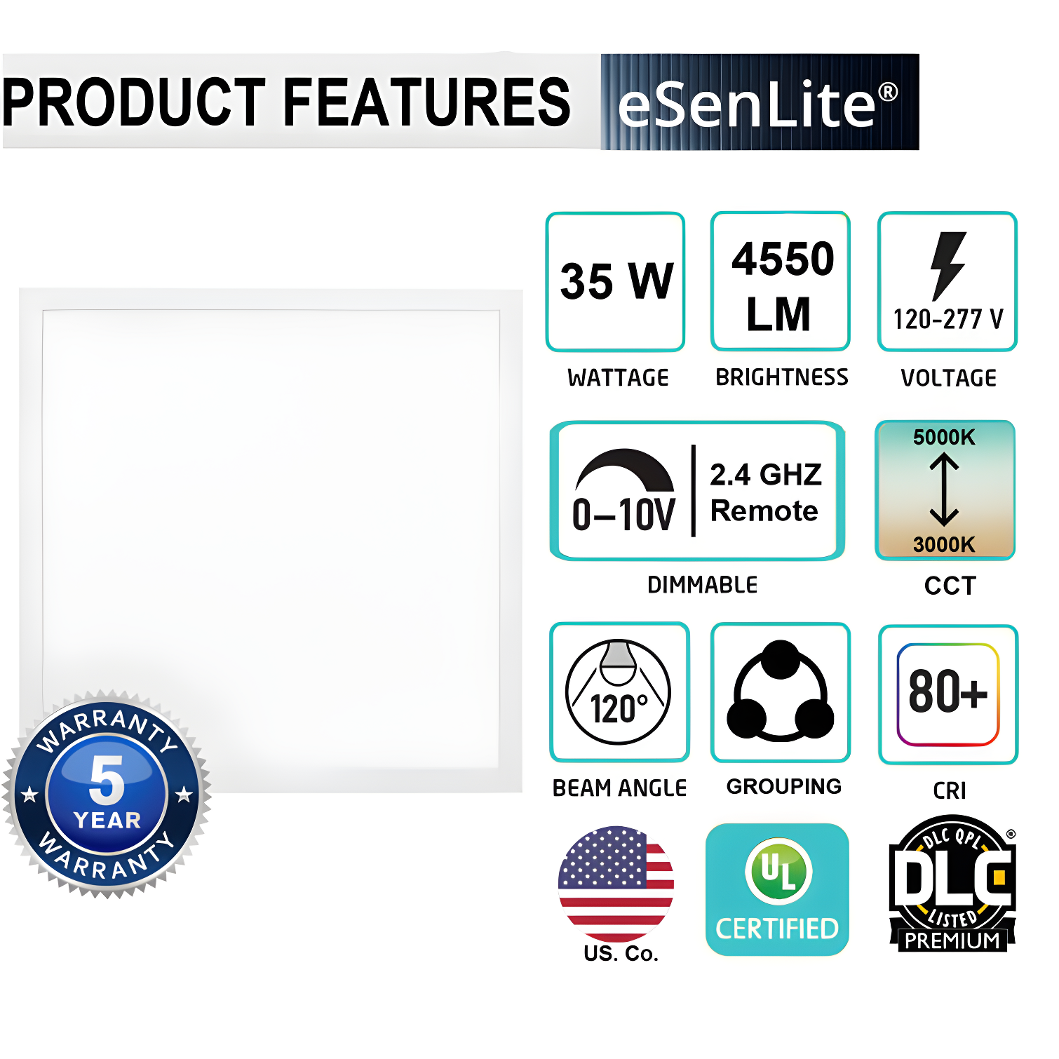 eSenLite Dimmable Square Troffer Ceiling Light