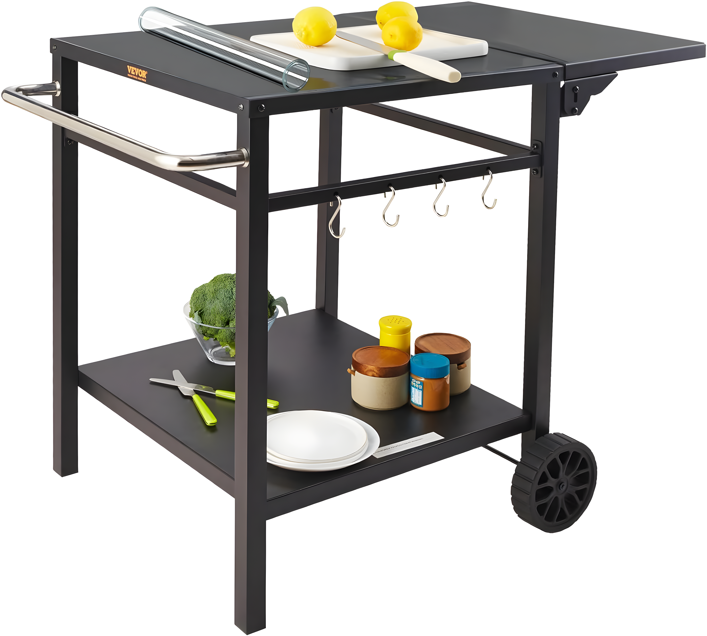 Black Iron Double-Shelf Outdoor Grill Dining Cart with Wheels