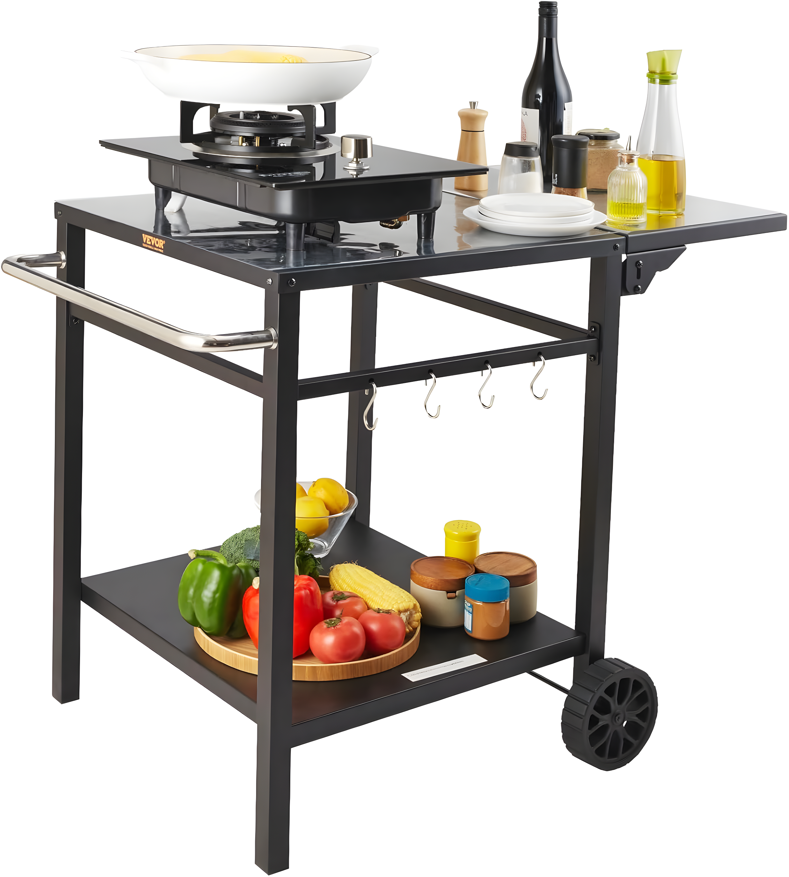 Black Iron Double-Shelf Outdoor Grill Dining Cart with Wheels
