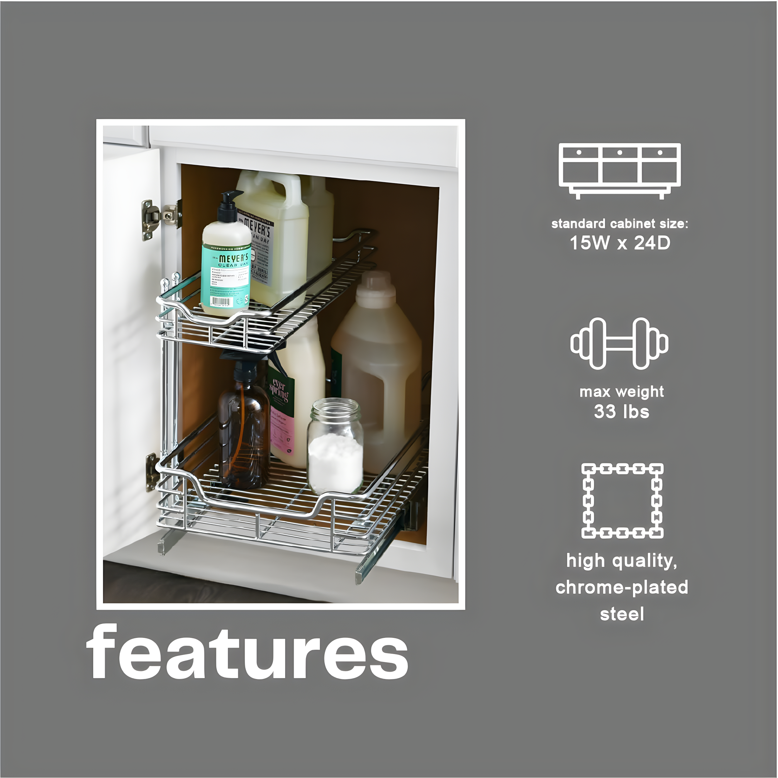 Glidez Multipurpose Chrome-Plated Steel Pull-Out/Slide-Out Storage Organizer for Under Sink or Under Cabinet Use - 2-Tier Design - Chrome