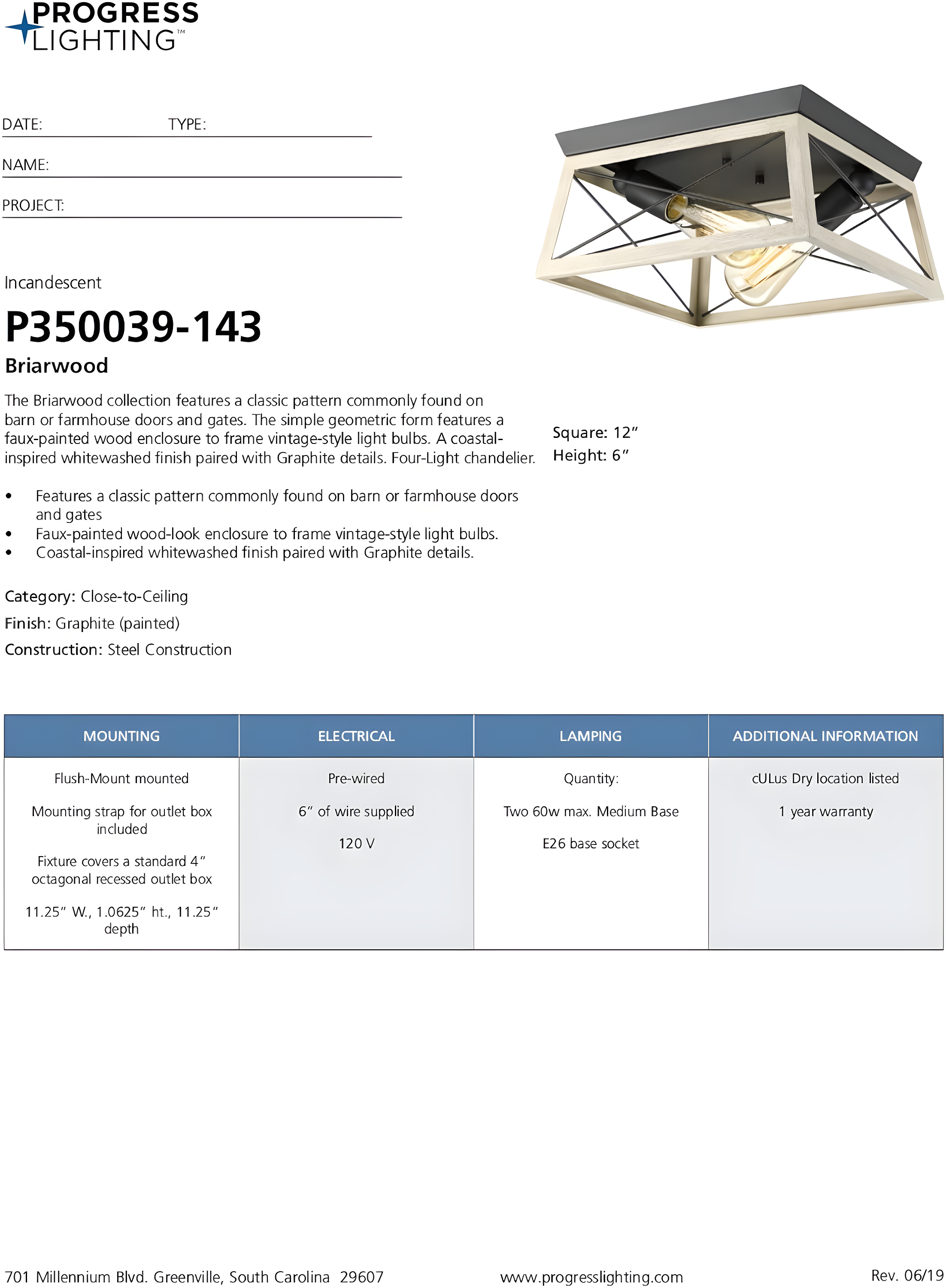 Progress Lighting Briarwood 2-Light Flush Mount, Graphite Finish, Faux-Painted Wood Enclosure, Canopy Included