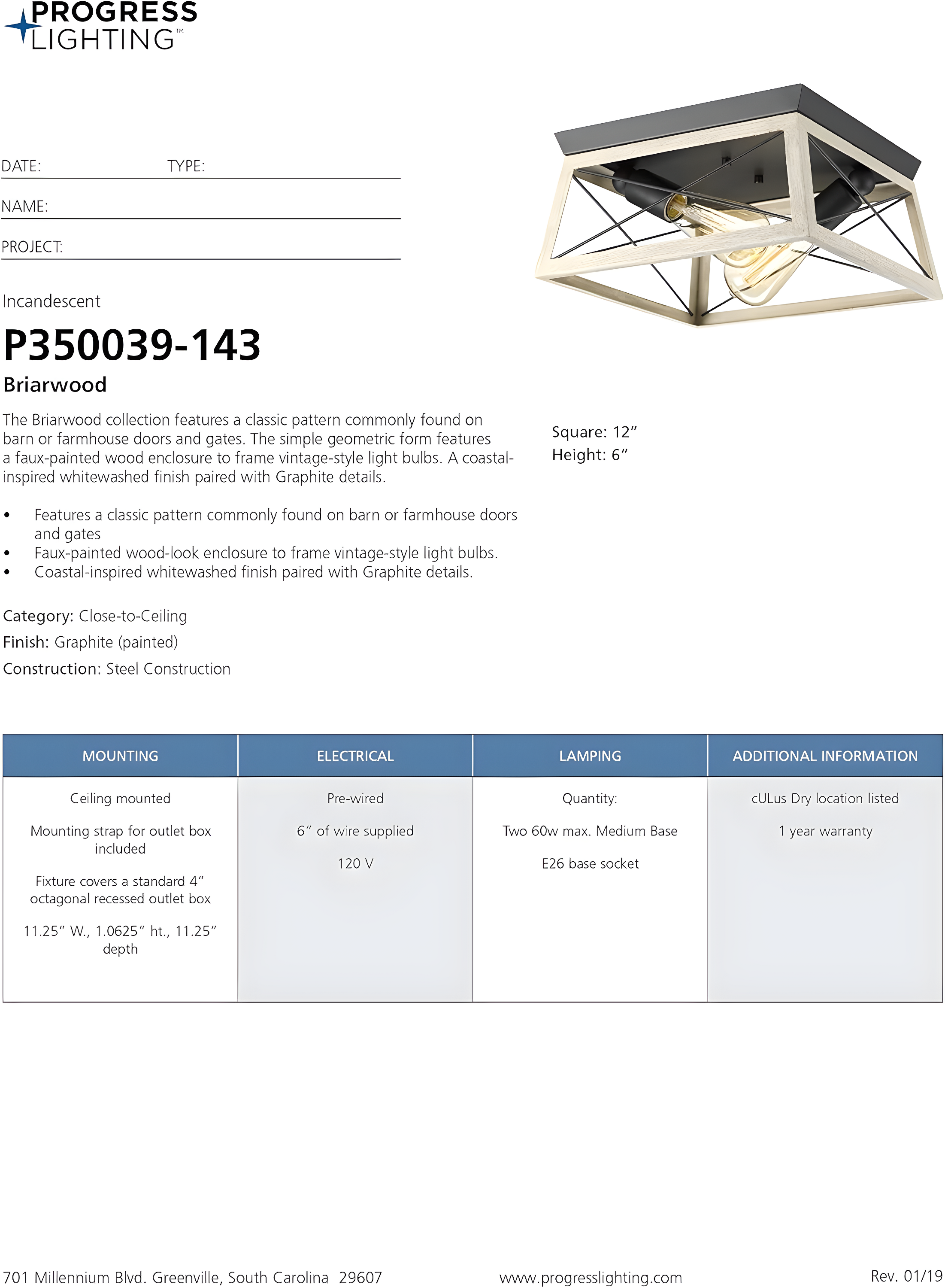 Progress Lighting Briarwood 2-Light Flush Mount, Graphite Finish, Faux-Painted Wood Enclosure, Canopy Included
