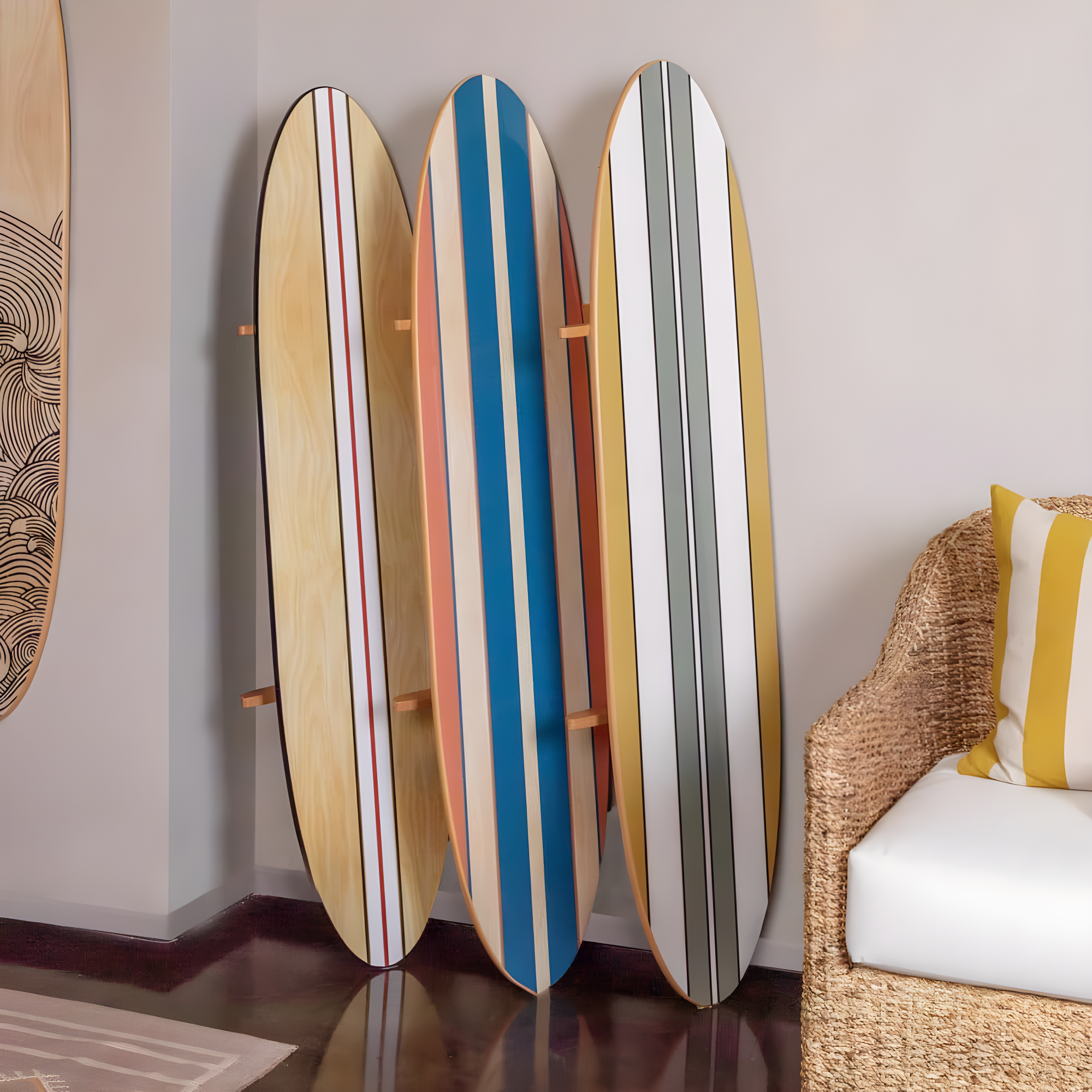 Storied Home Lacquered Wood Surfboard Wall Decor with White/Red Striped Hangs Vertical or Horizontal: Modern Abstract Art