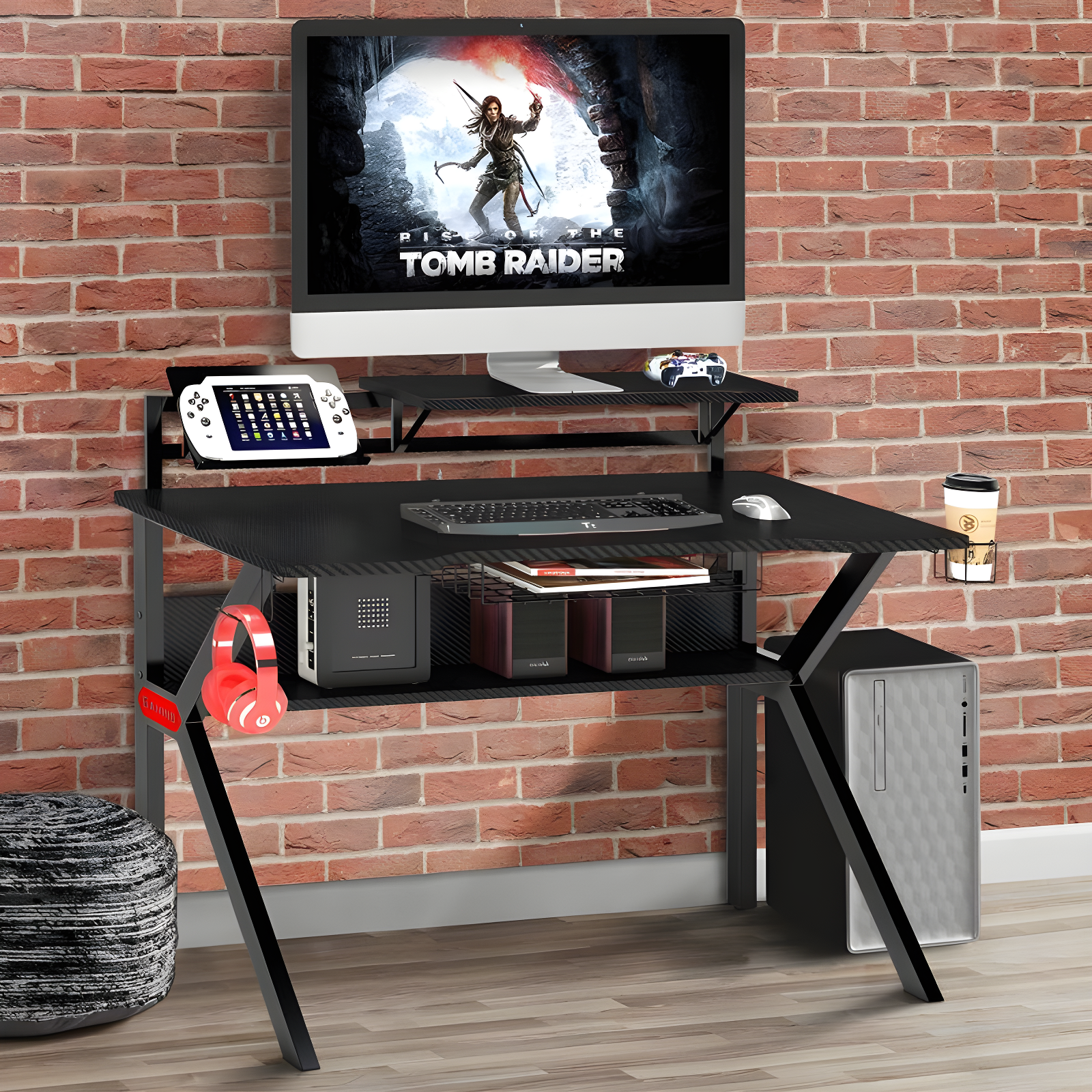 PVC Coated Ergonomic Gaming Desk with Open Storage Shelf & K-Shape Legs - The Urban Port