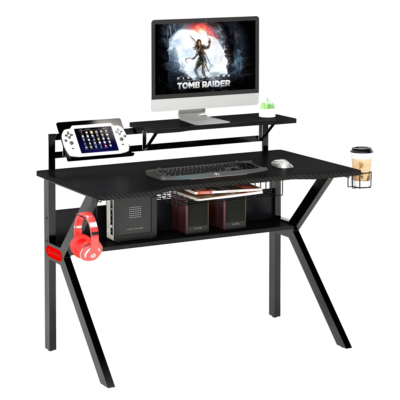 PVC Coated Ergonomic Gaming Desk with Open Storage Shelf & K-Shape Legs - The Urban Port