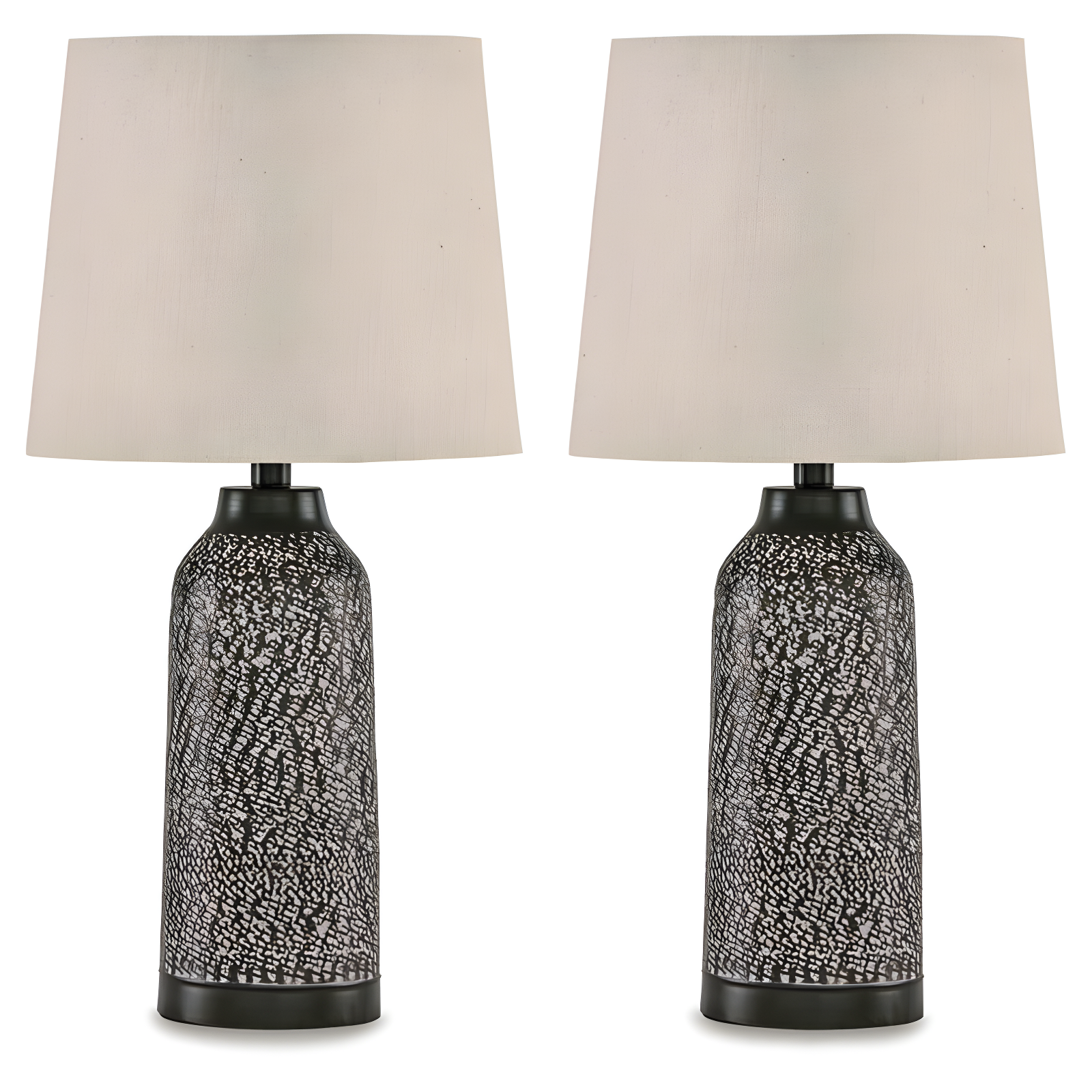 Signature Design by Ashley Lanson Table Lamps: Hammered Metal, Bronze Finish, Beige Shade, Set of 2