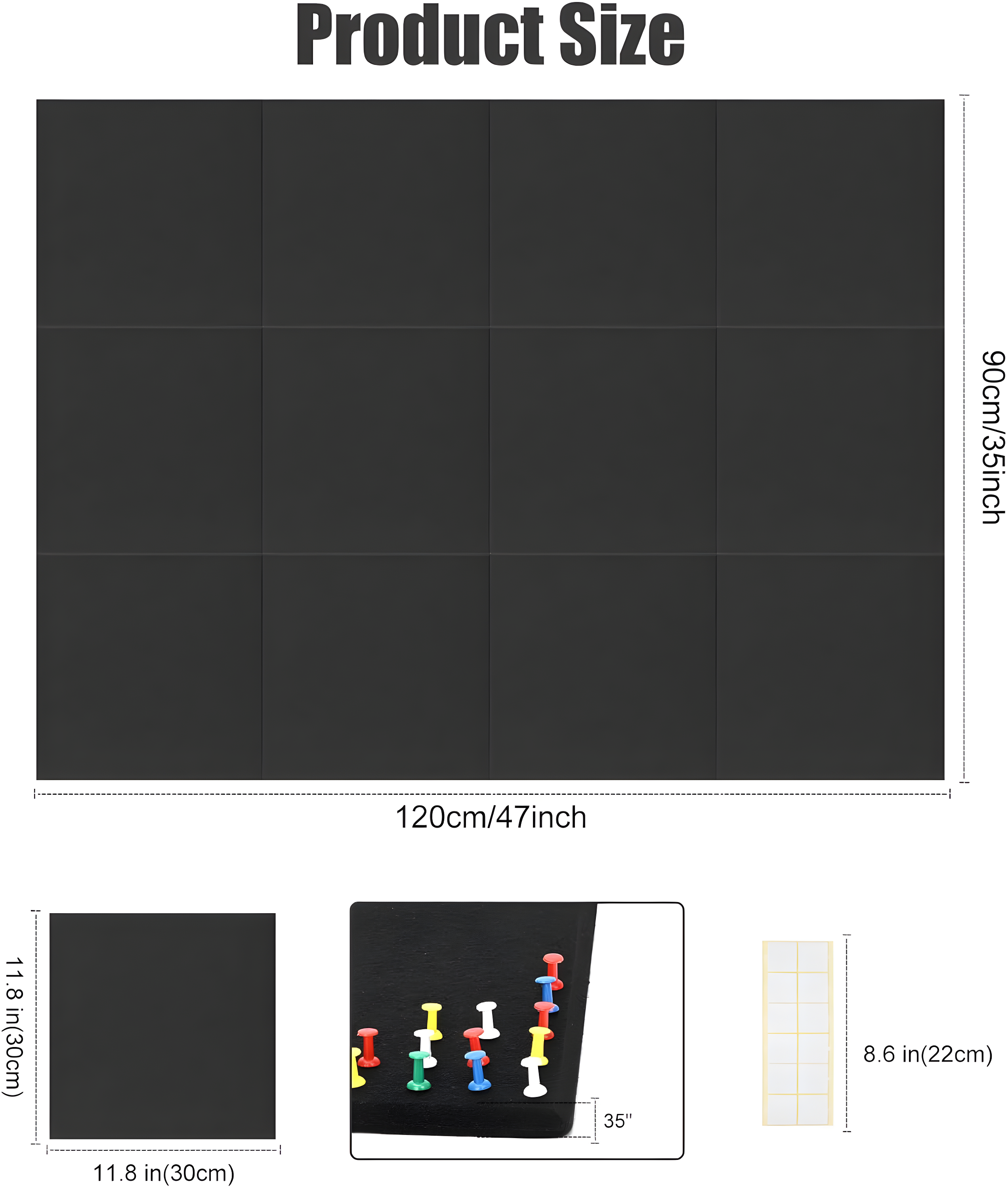 Large Cork Board Alternative 48" x 36", Black Bulletin Board, 12 Pack Felt Wall Tiles With 50 Pushpins, Pin Board Tack Board for Office (Dark Blue)