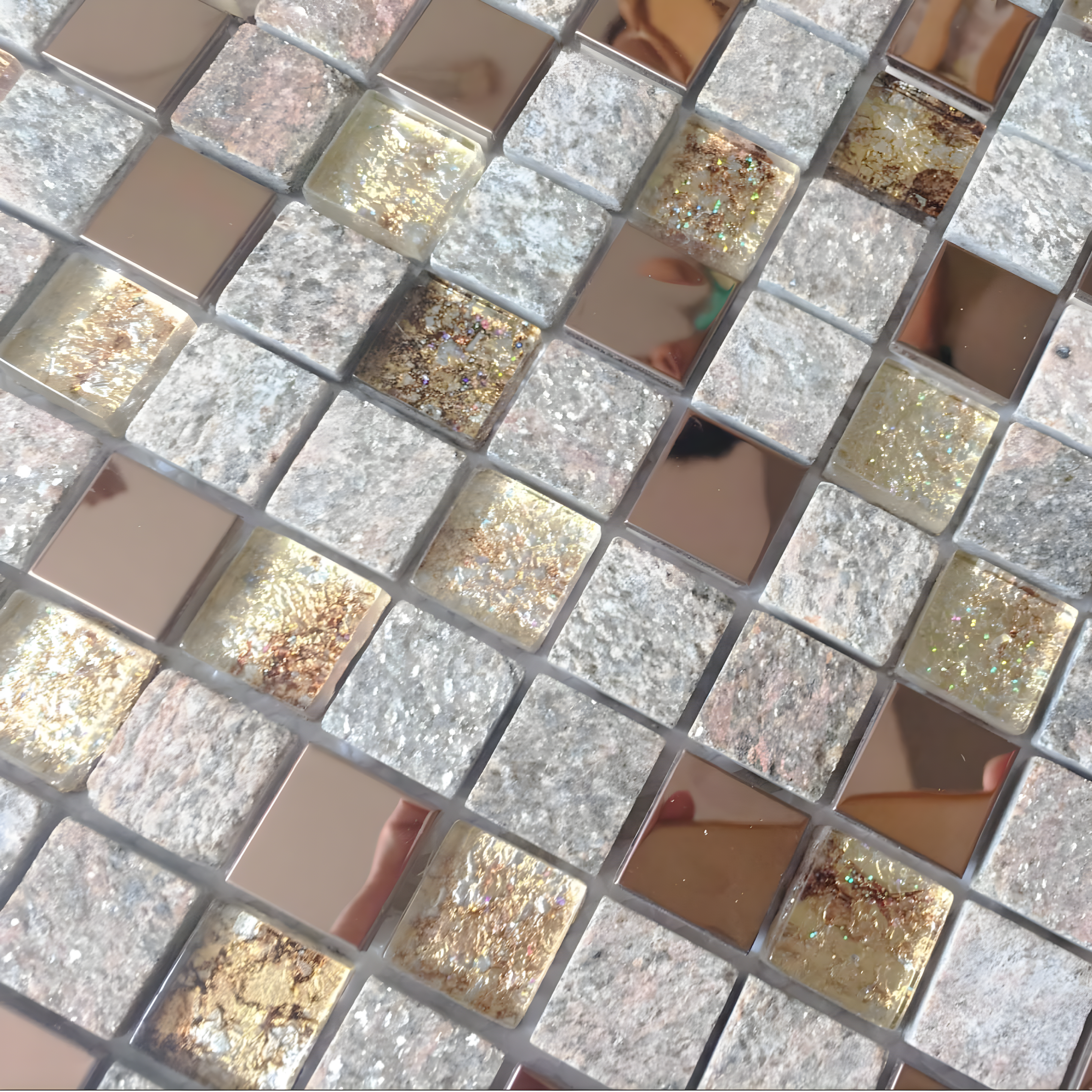 Luxury Glass Stone Tile Rose Gold Glitter Metal Mosaic Accent Backsplash Tiles in Kitchen Bathroom Walls and Fireplace Decor (5 Square Feet)