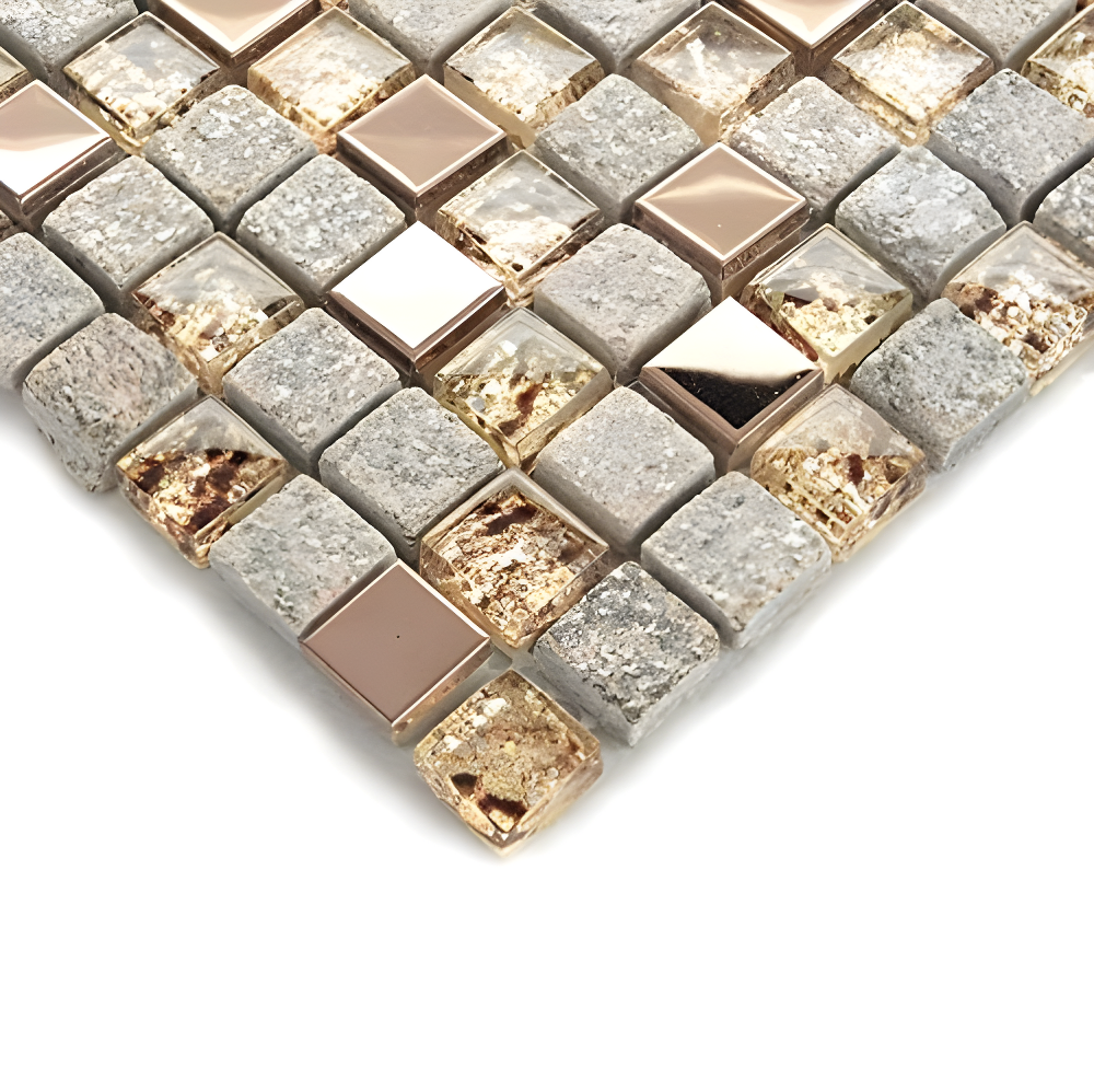 Luxury Glass Stone Tile Rose Gold Glitter Metal Mosaic Accent Backsplash Tiles in Kitchen Bathroom Walls and Fireplace Decor (5 Square Feet)