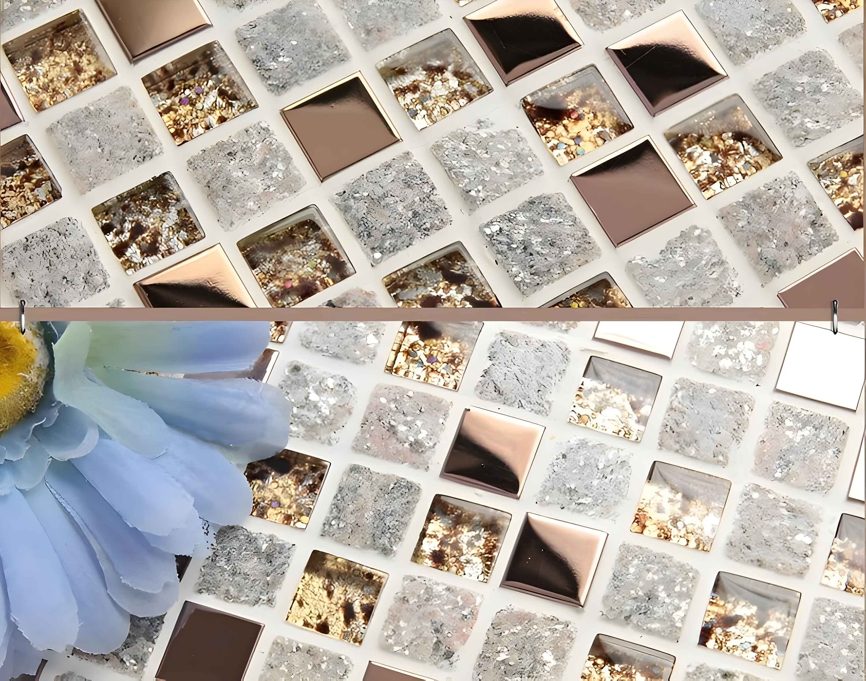 Luxury Glass Stone Tile Rose Gold Glitter Metal Mosaic Accent Backsplash Tiles in Kitchen Bathroom Walls and Fireplace Decor (5 Square Feet)