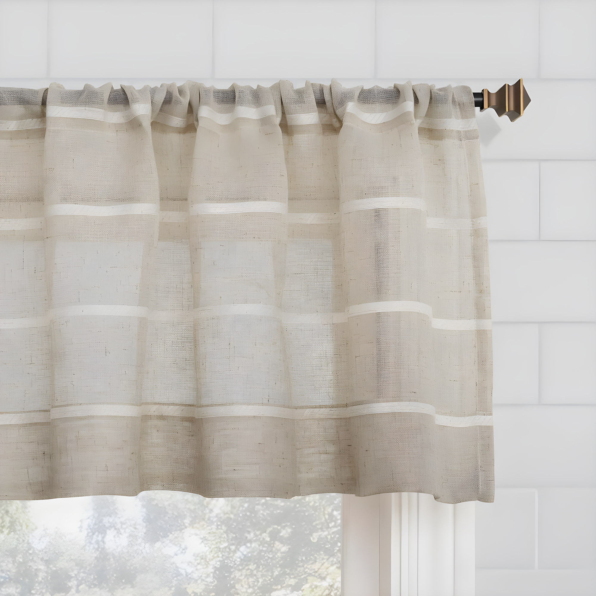 Clean Window Aso Twill Stripe Linen Blend Sheer Rod Pocket Kitchen Curtain Valance