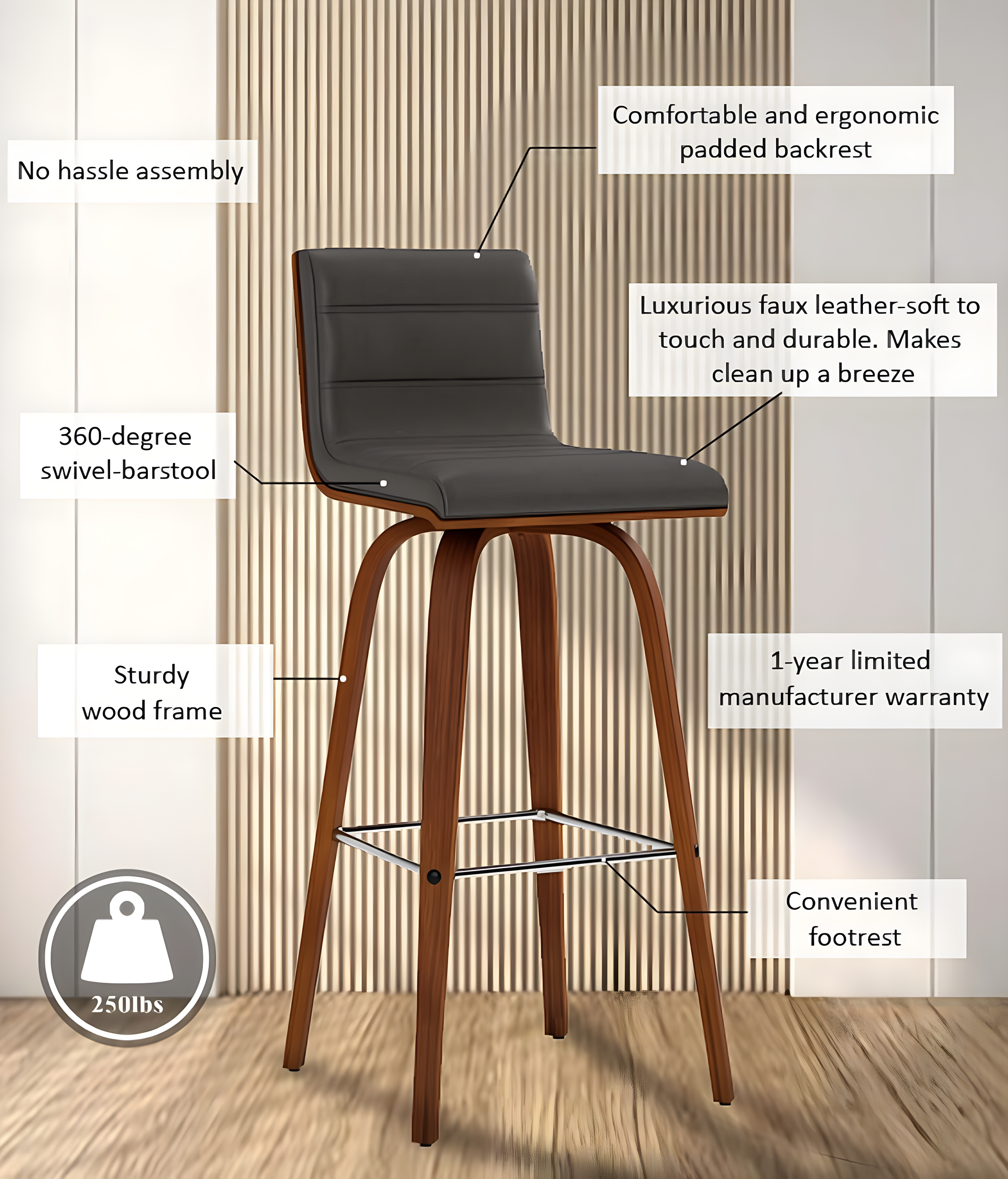 30" Vienna Faux Leather Barstool - Armen Living