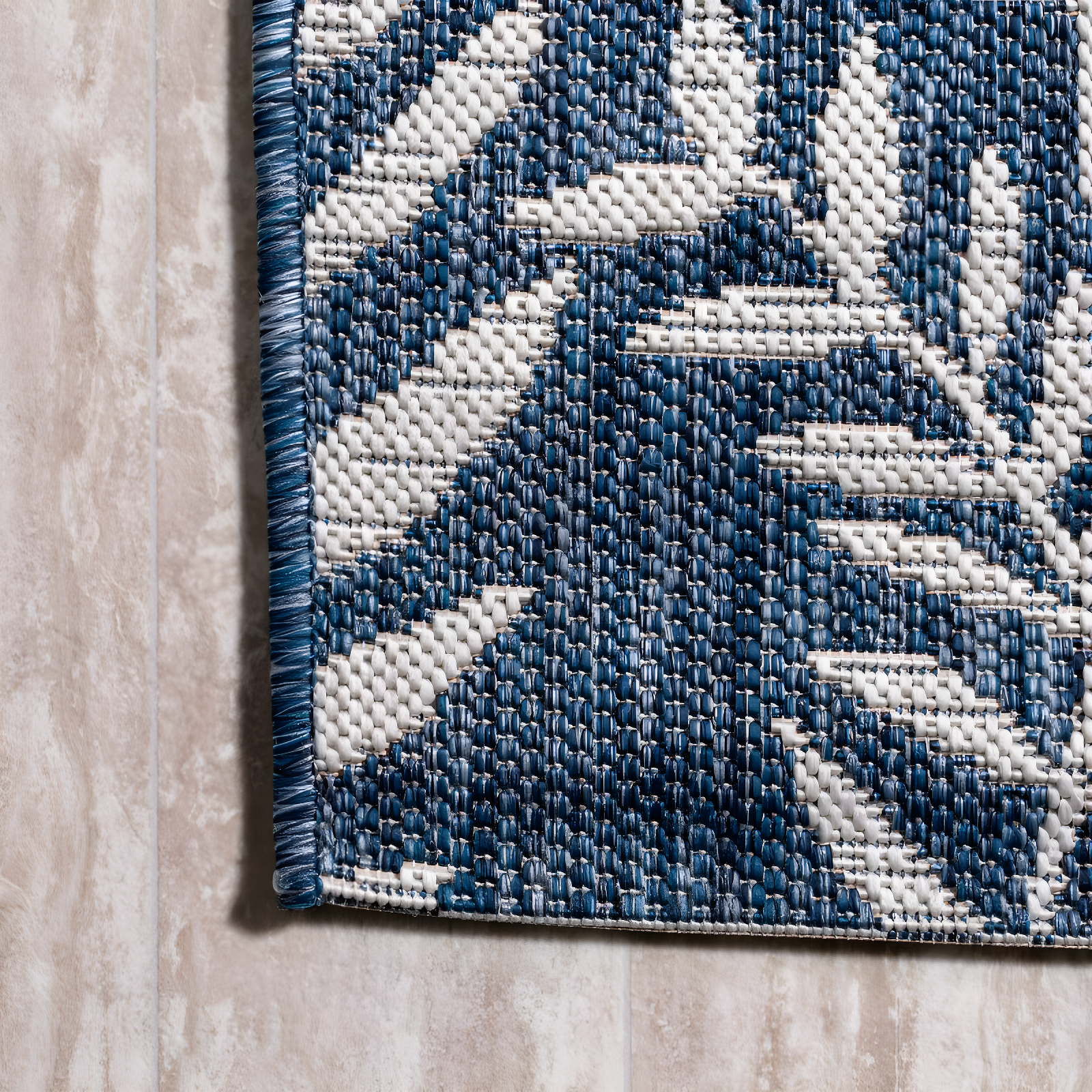 5' Square Nevis Palm Frond Indoor/Outdoor Area Rug, Navy/Ivory - JONATHAN Y