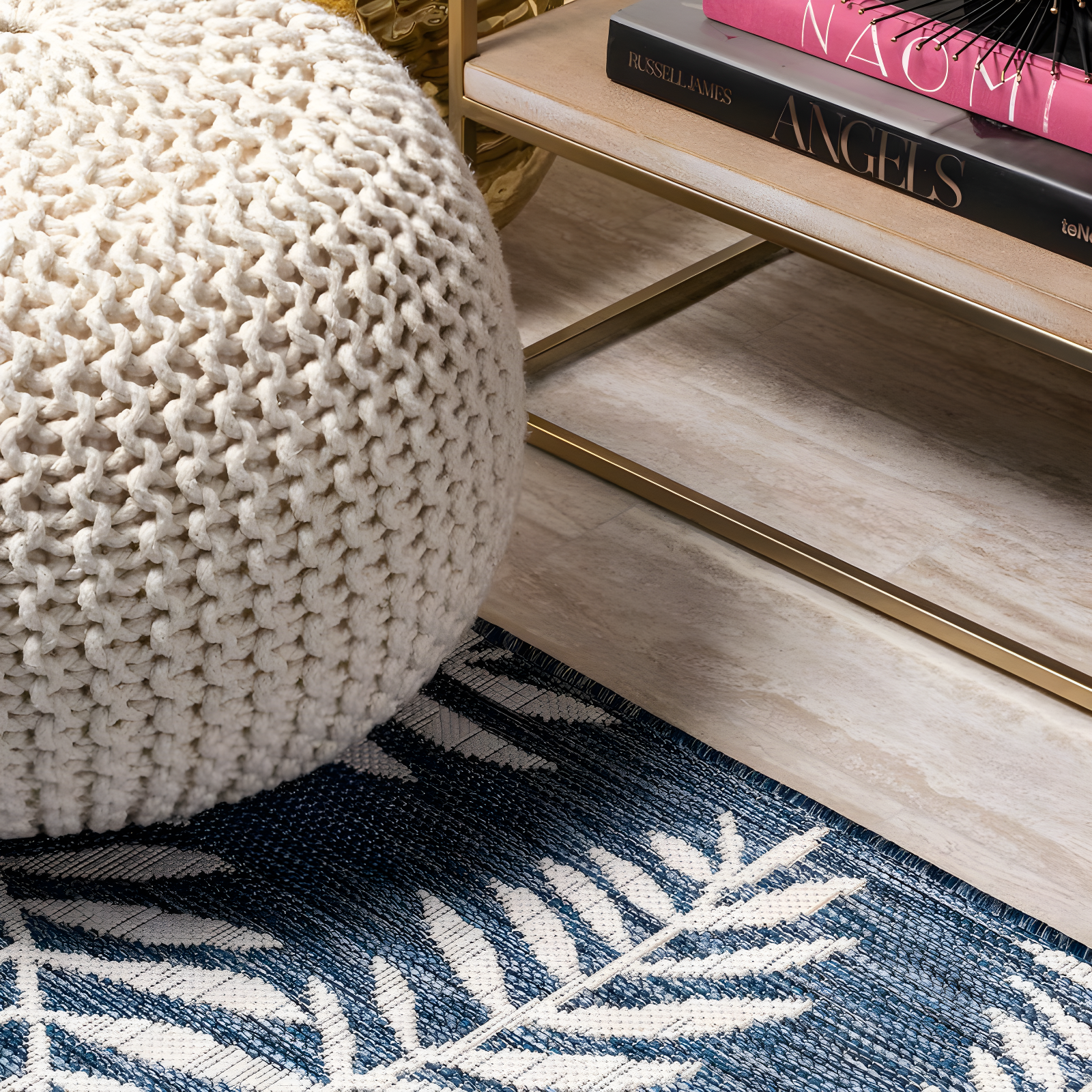 5' Square Nevis Palm Frond Indoor/Outdoor Area Rug, Navy/Ivory - JONATHAN Y