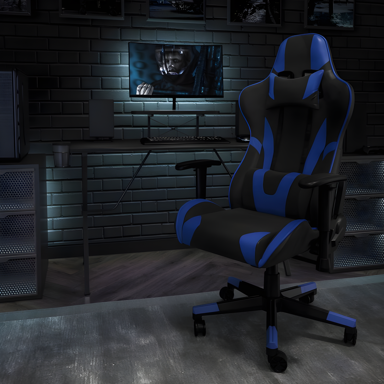 Flash Furniture X20 Gaming Chair Racing Office Ergonomic Computer PC Adjustable Swivel Chair with Reclining Back in Blue LeatherSoft