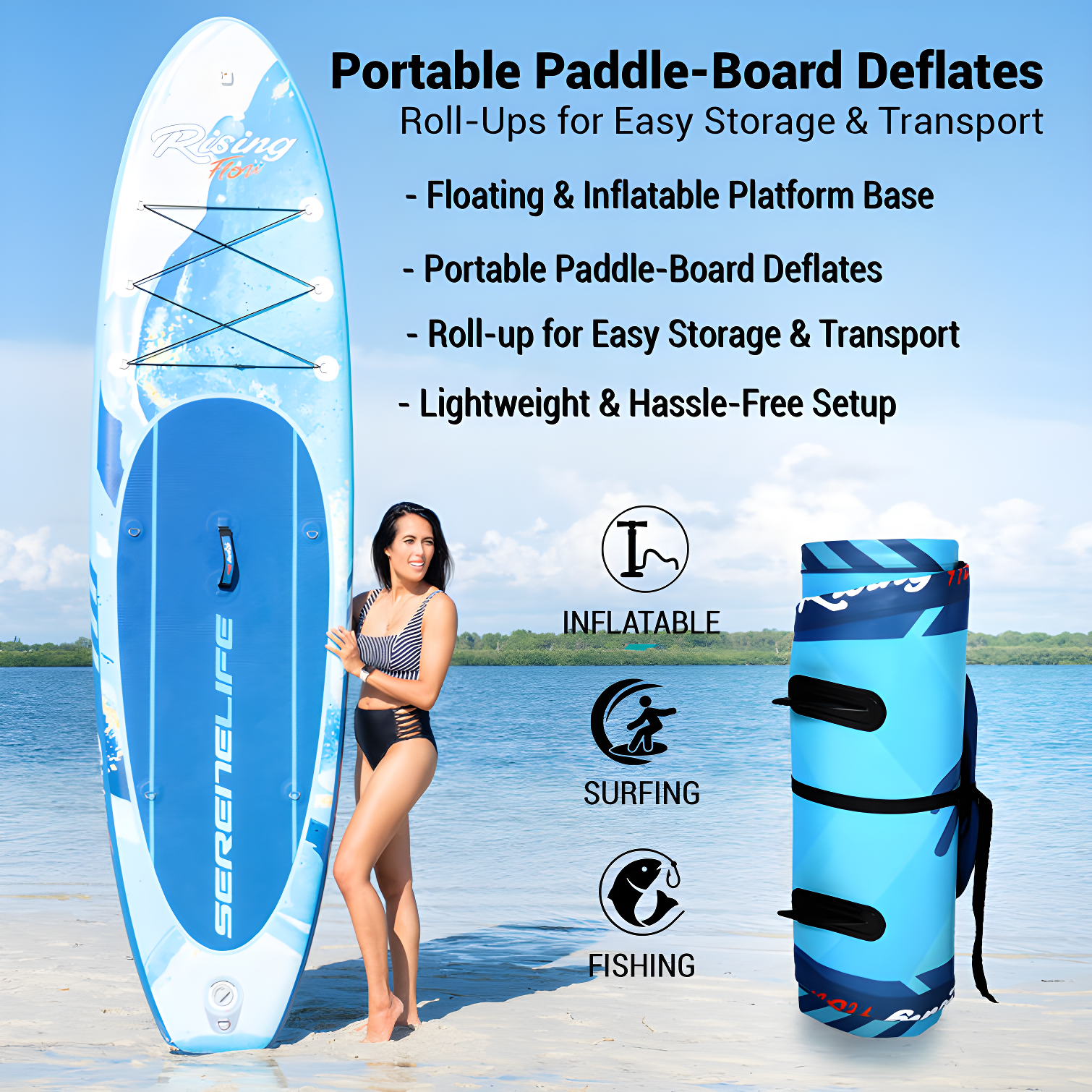 Serenelife Inflatable Stand Up Paddle Board (6 Inches Thick) With Premium SUP Accessories & Carry Bag | Wide Stance, Bottom Fin For Paddling, Surf Control, Non-Slip Deck | Youth & Adult Standing Boat