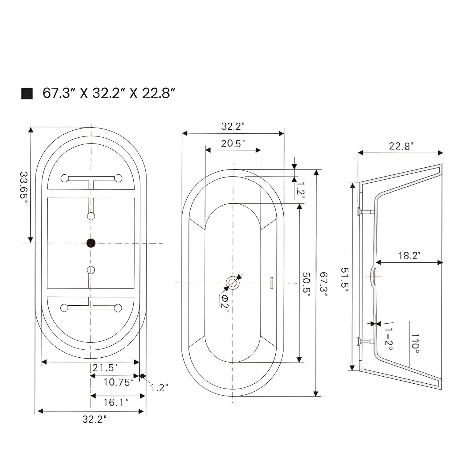 67'' x 32'' Freestanding Soaking Acrylic Bathtub