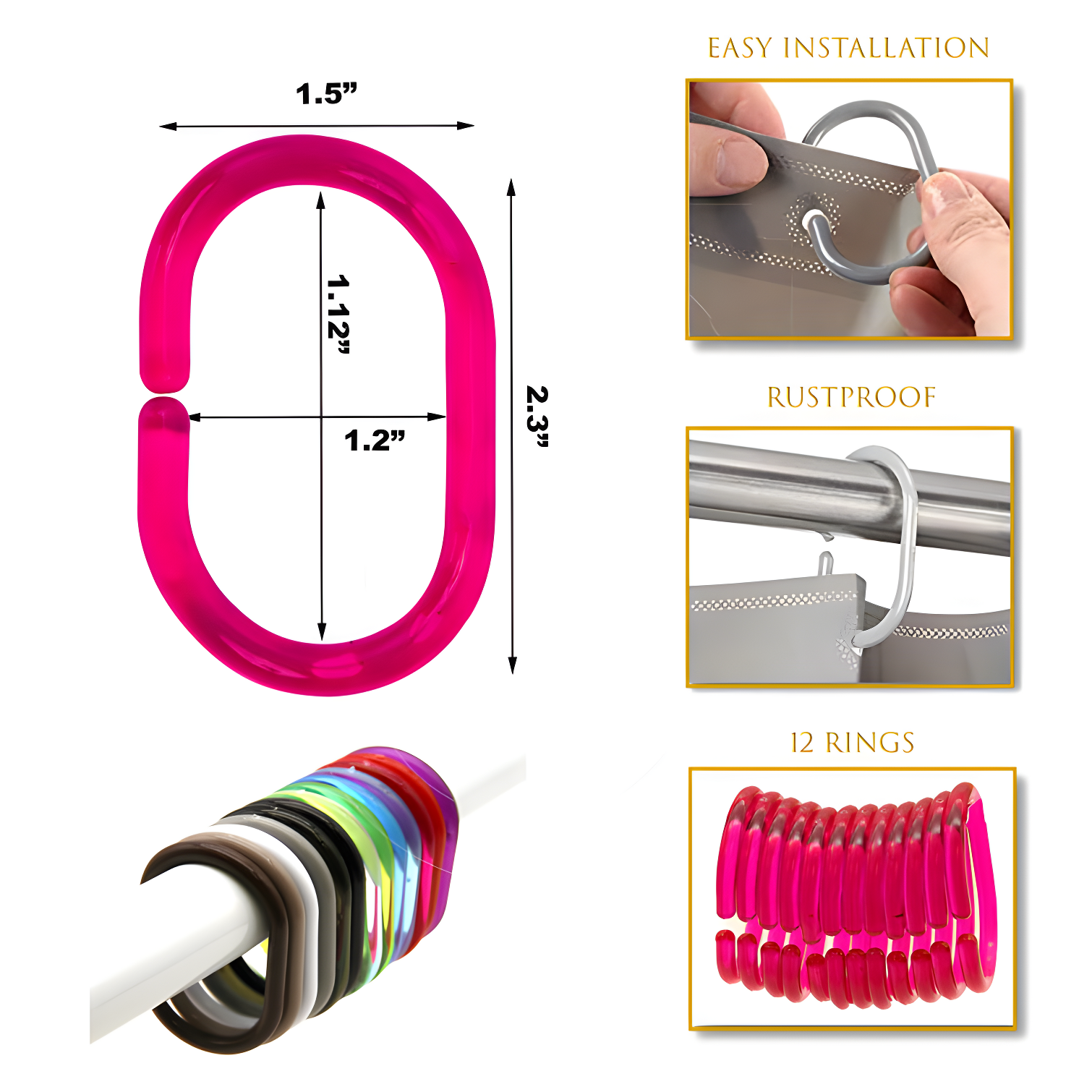 Evideco Solid Plastic Shower Curtain Hooks Rings (Set of 12)