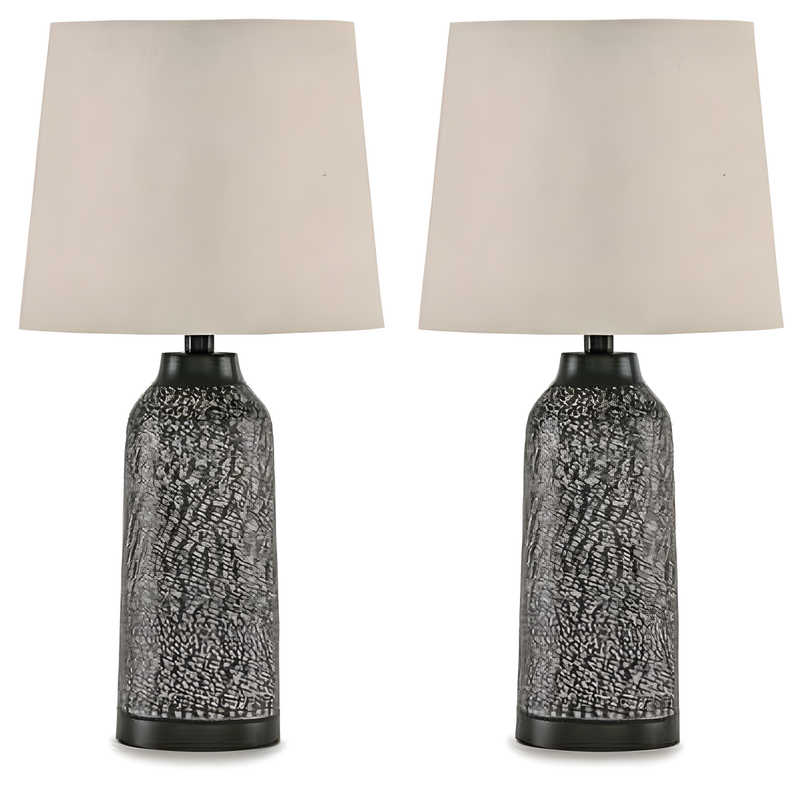 Signature Design by Ashley Lanson Table Lamps: Hammered Metal, Bronze Finish, Beige Shade, Set of 2