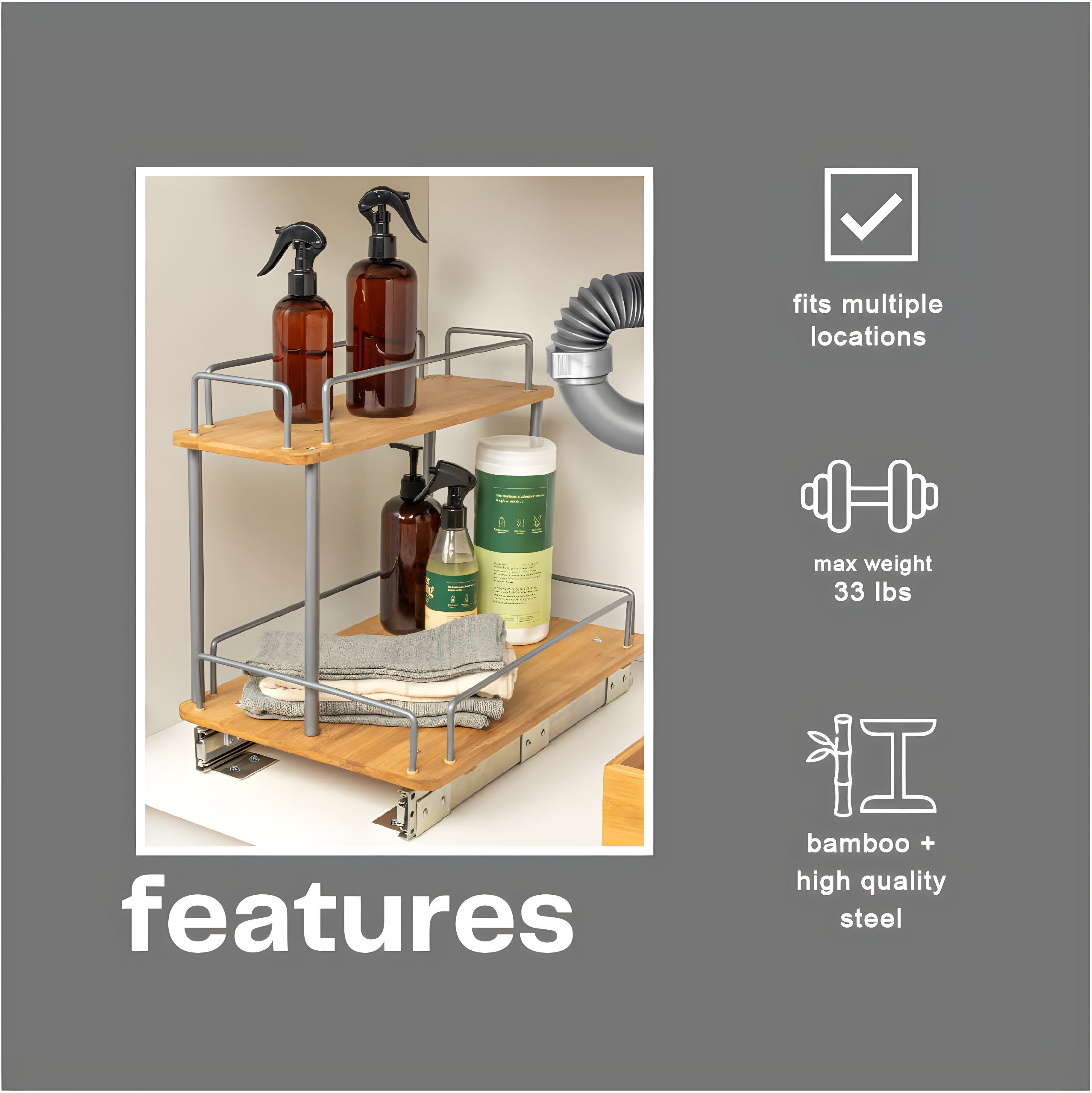 Glidez Steel and Bamboo Pull-Out/Slide-Out Storage Organizer for Under Sink or Cabinet Use - 2 -Tier Design - Brushed Silver and Natural