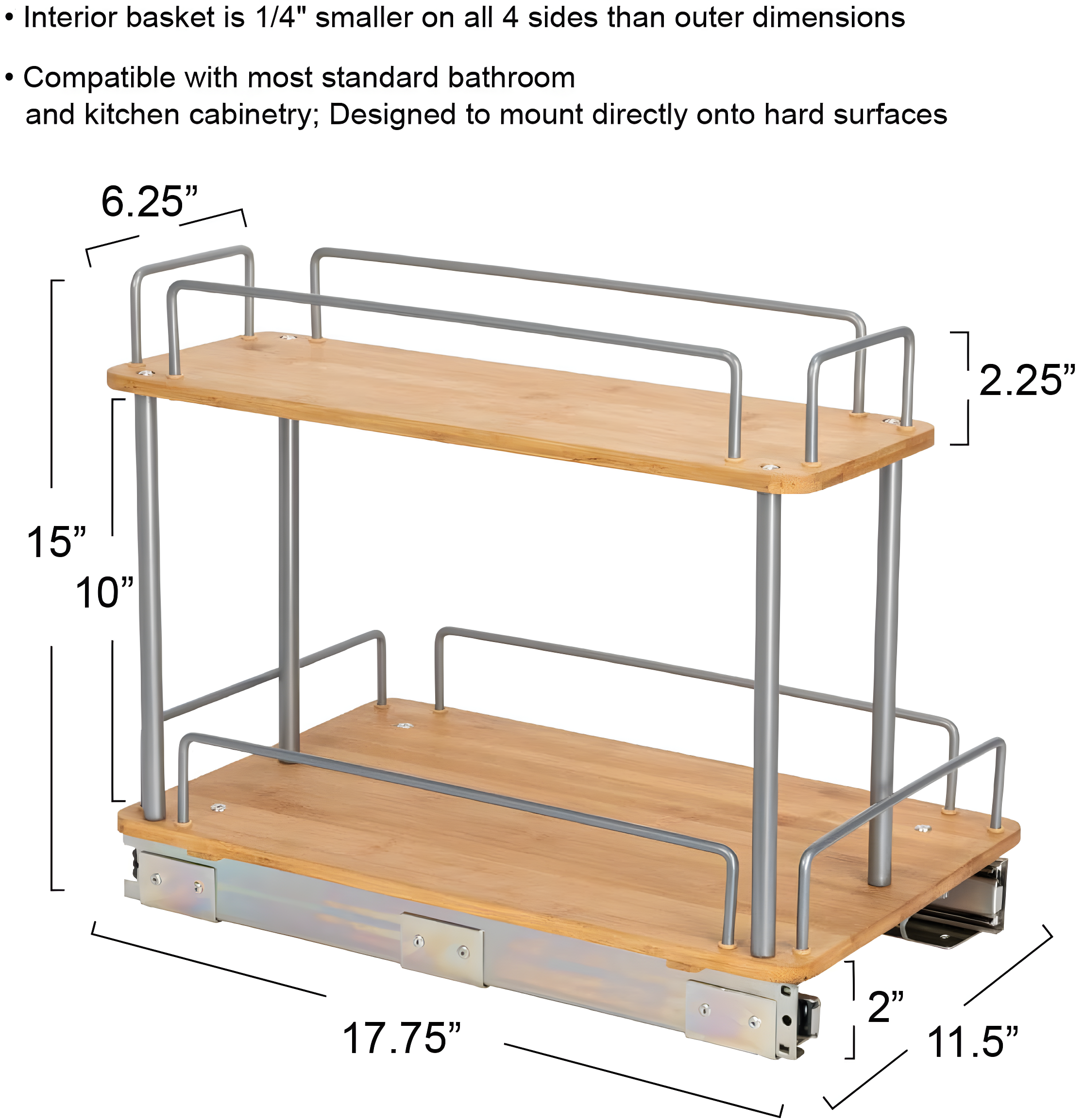 Glidez Steel and Bamboo Pull-Out/Slide-Out Storage Organizer for Under Sink or Cabinet Use - 2 -Tier Design - Brushed Silver and Natural