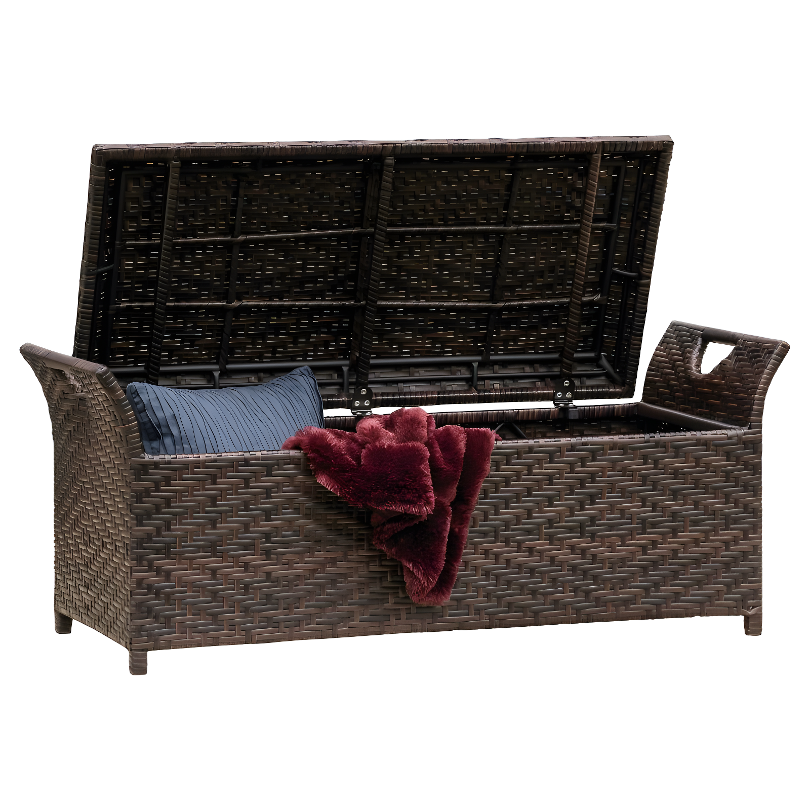 Wing Wicker Patio Storage Bench - Multi Brown - Christopher Knight Home: Iron Frame, Water & UV Resistant, Seats 2