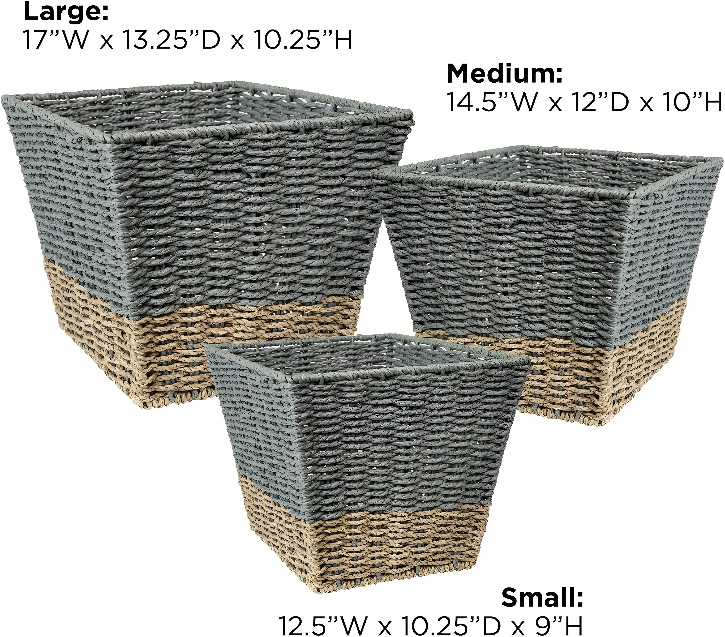 Honey-Can-Do Seagrass Set of 3 Square Nesting Storage Baskets, Natural and Gray
