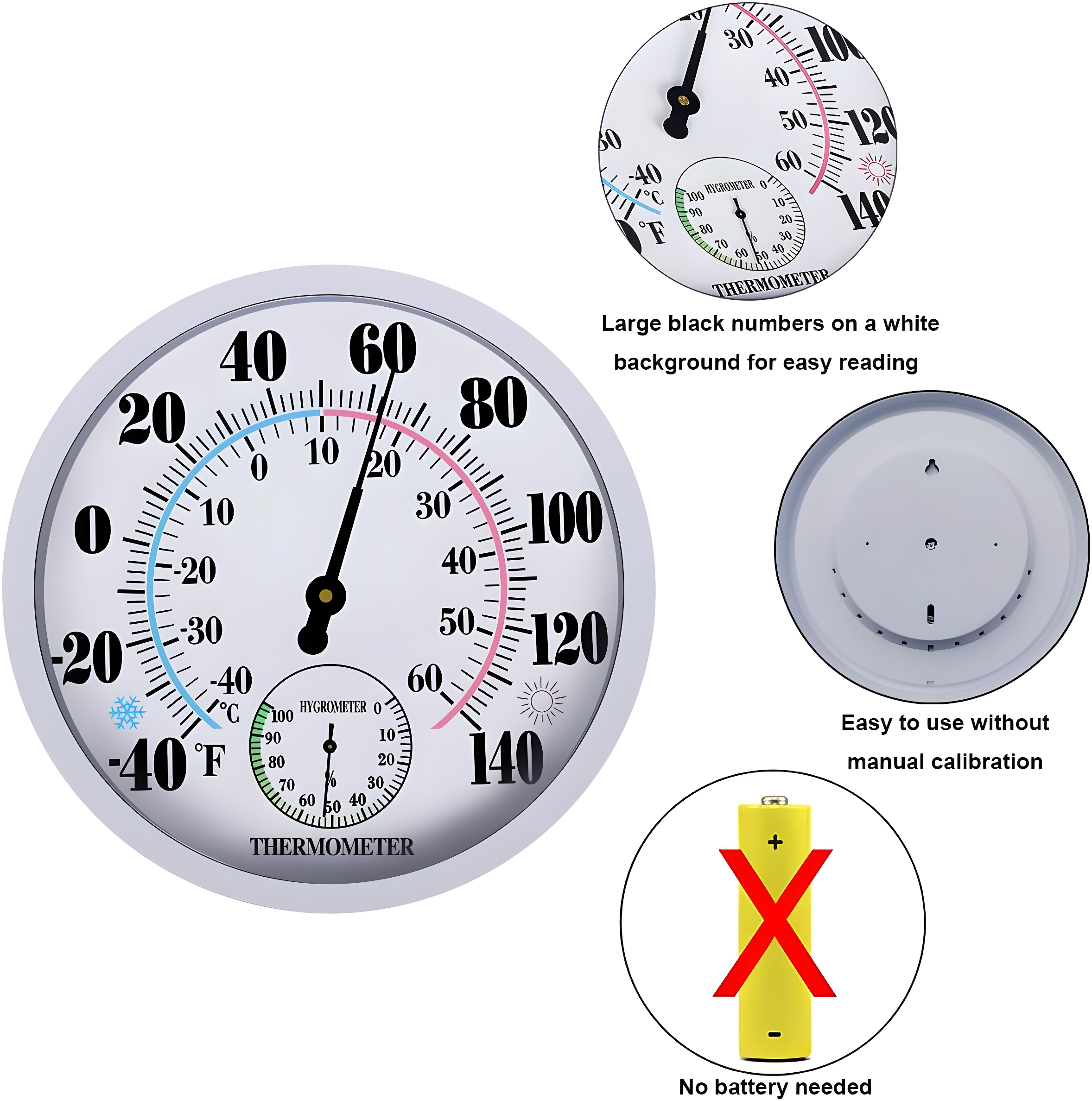 Uanit Indoor Outdoor Thermometer Large Numbers Wall Thermometer Hygrometer Waterproof Does not Require Battery Wireless Hanging Hygrometer Garden Decoration