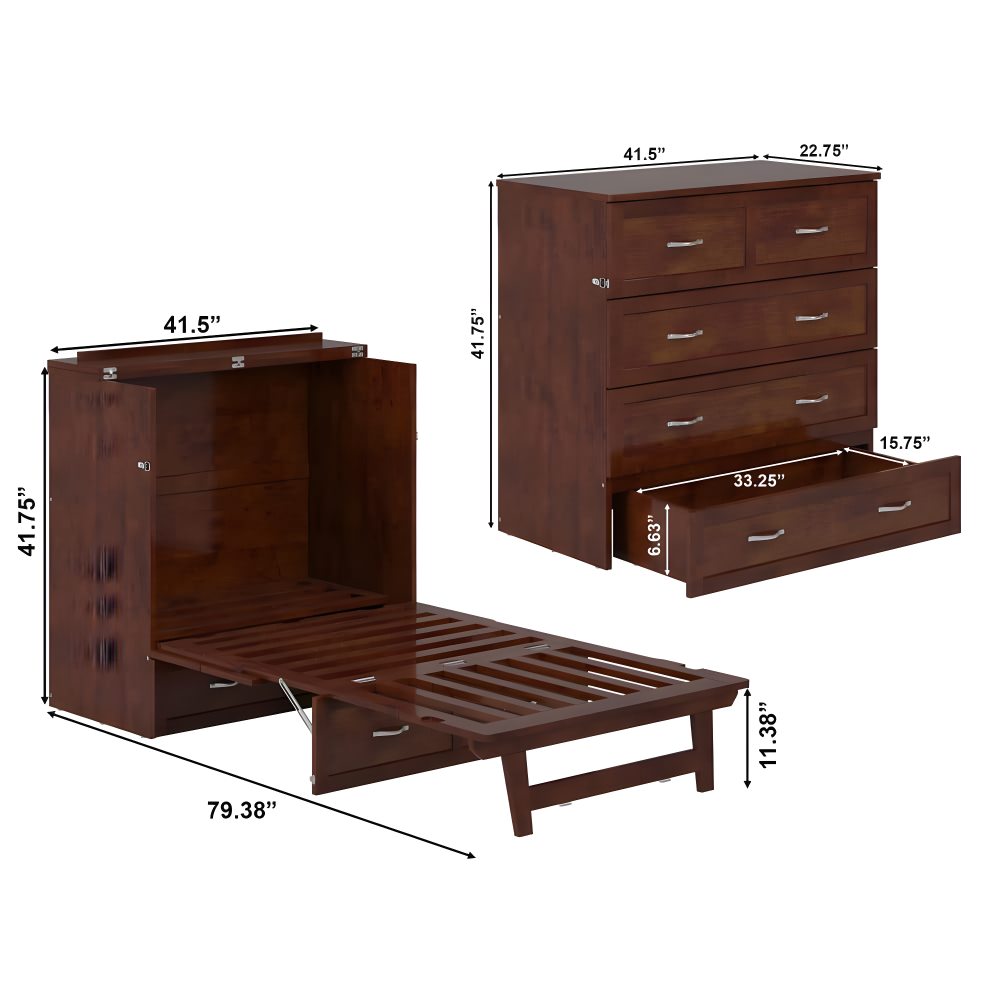 AFI Northfield Walnut Twin XL Solid Wood Murphy Bed Chest
