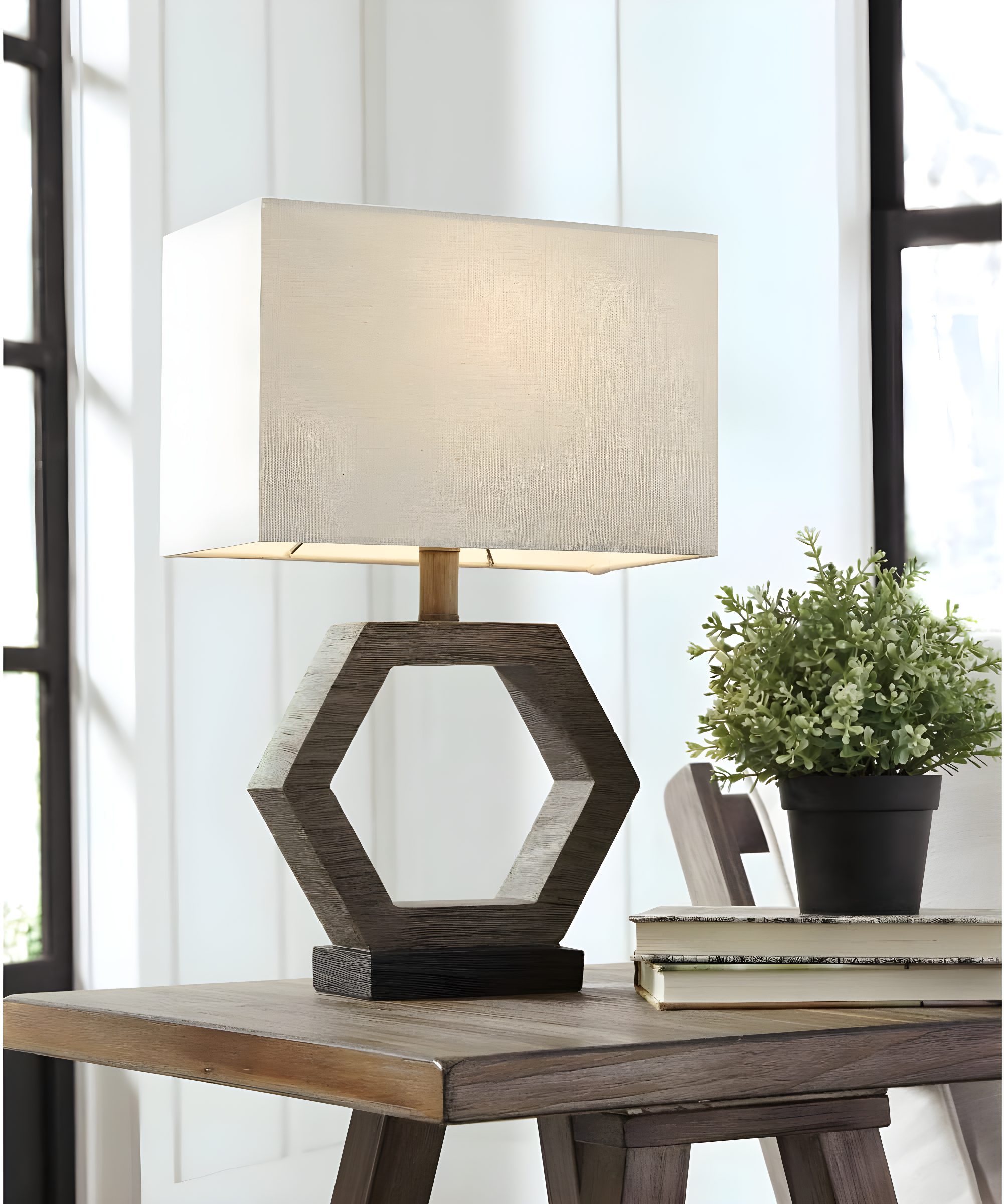 Marilu Table Lamp Gray/Brown - Signature Design by Ashley: Hexagonal Base, Polyester Shade, UL Listed