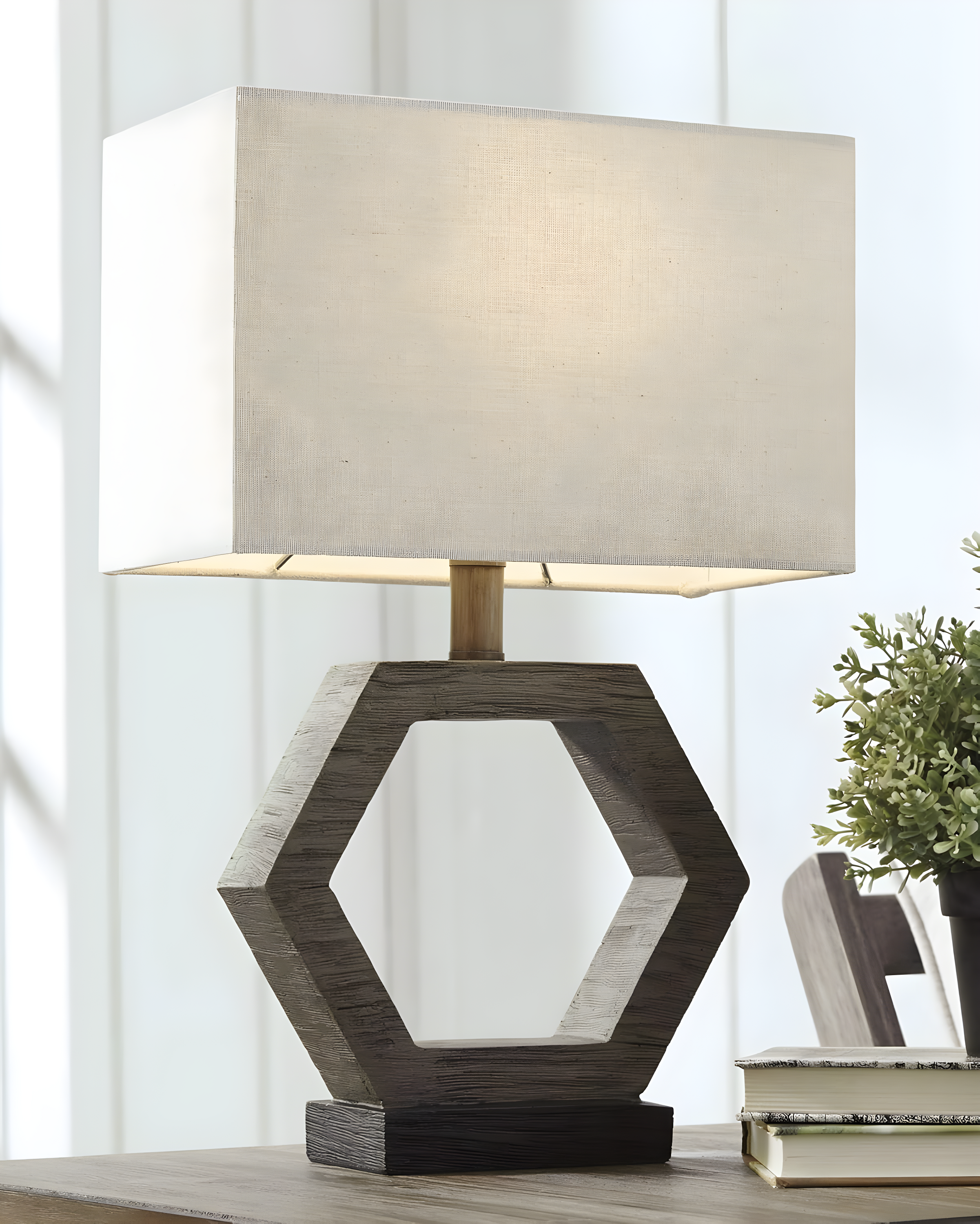 Marilu Table Lamp Gray/Brown - Signature Design by Ashley: Hexagonal Base, Polyester Shade, UL Listed