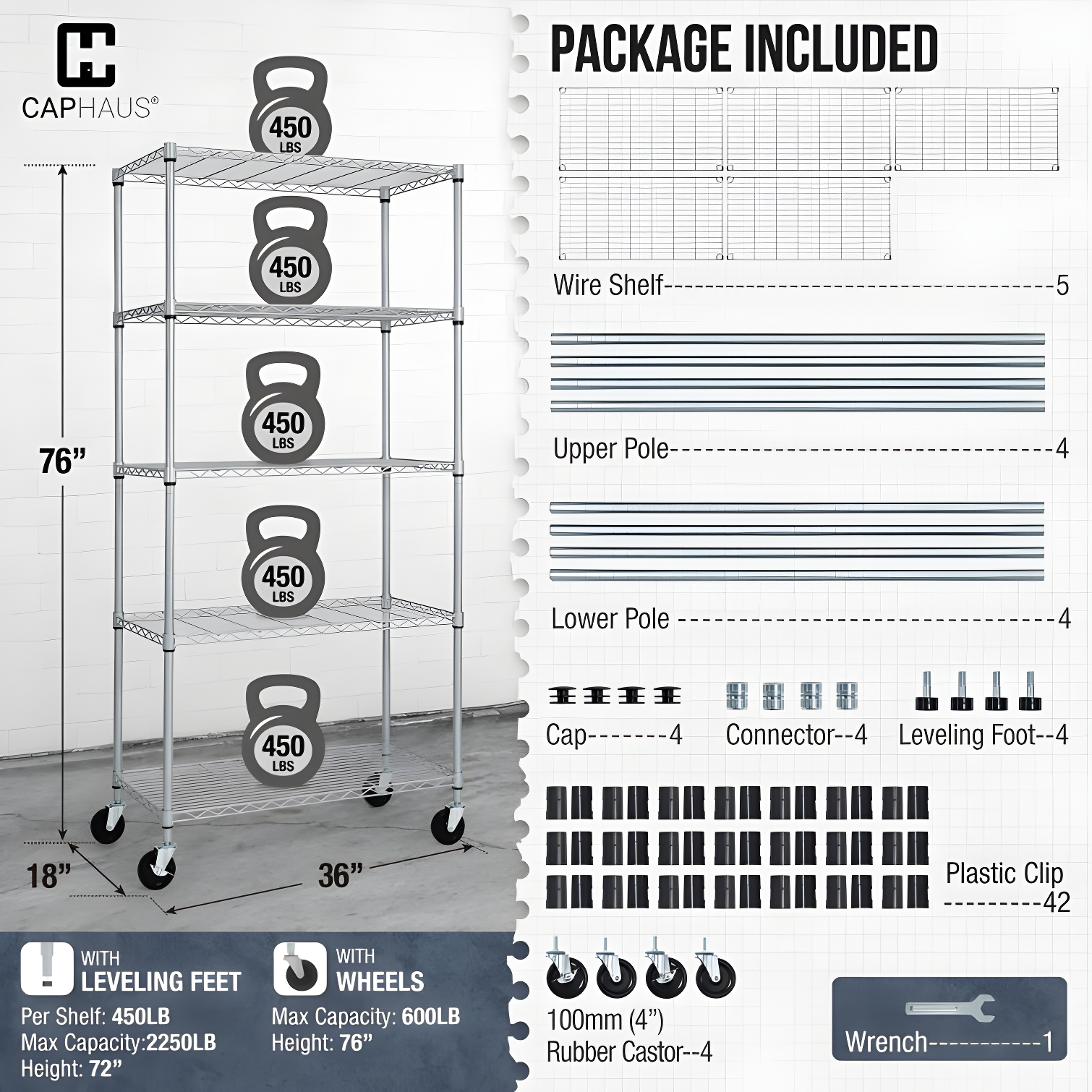 CAPHAUS NSF Commercial Grade Heavy Duty Wire Shelving w/ Wheels, w/ Liner, 36 x 18 x 76 5-Tier