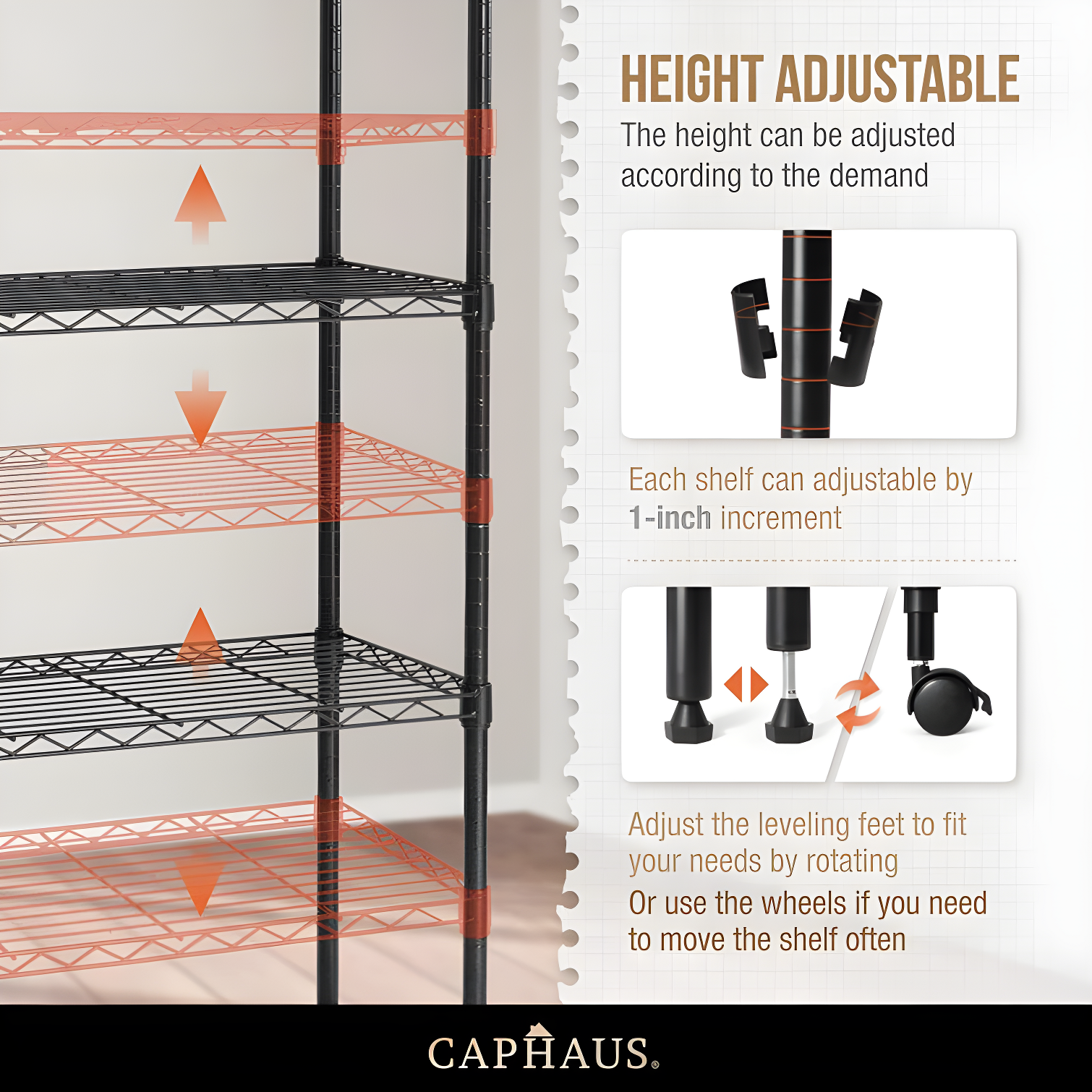 CAPHAUS NSF Commercial Grade Heavy Duty Wire Shelving w/ Wheels, w/ Liner, 36 x 18 x 76 5-Tier