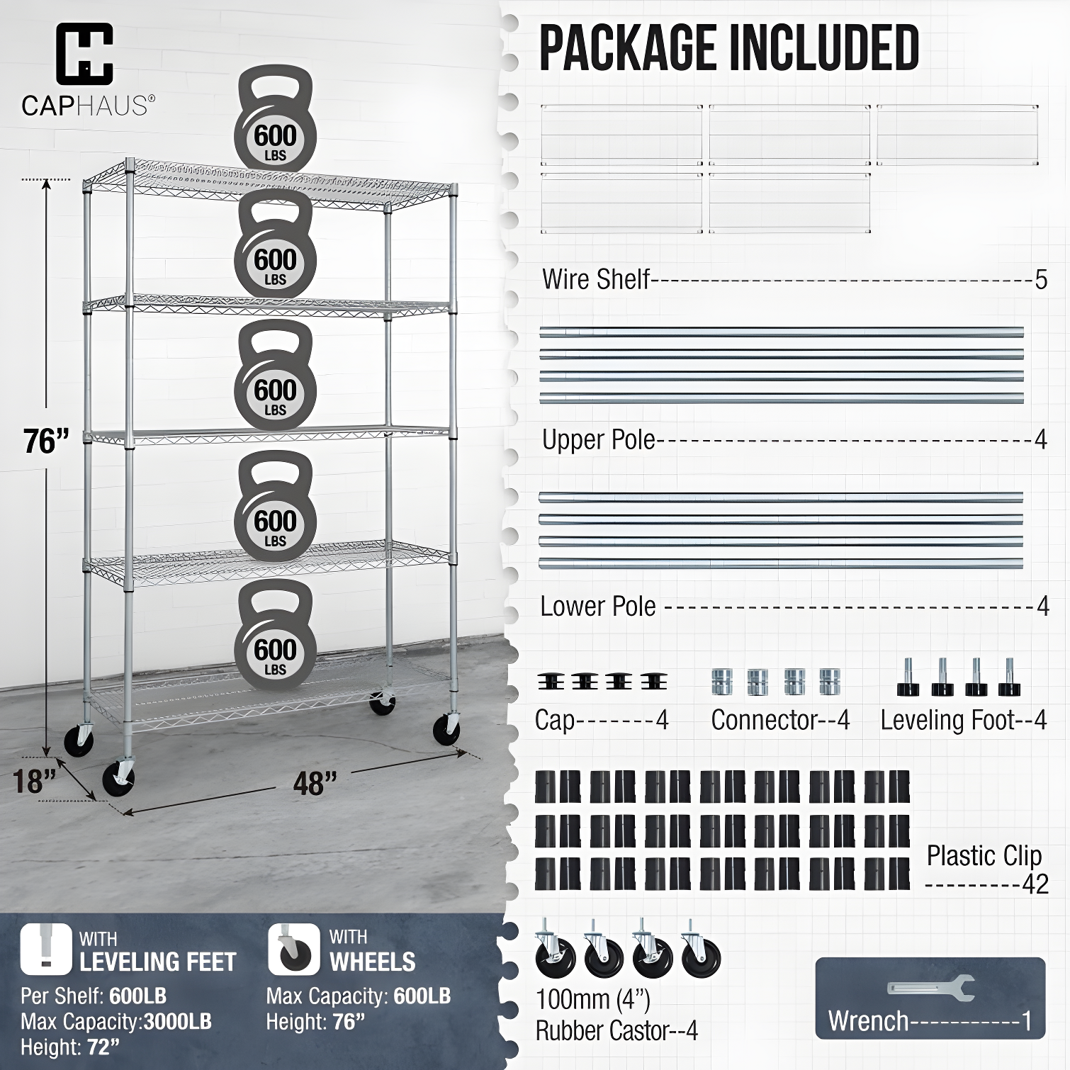 CAPHAUS NSF Commercial Grade Heavy Duty Wire Shelving w/ Wheels, w/ Liner, 36 x 18 x 76 5-Tier