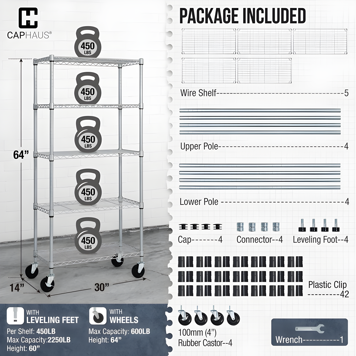 CAPHAUS NSF Commercial Grade Heavy Duty Wire Shelving w/ Wheels, w/ Liner, 36 x 18 x 76 5-Tier