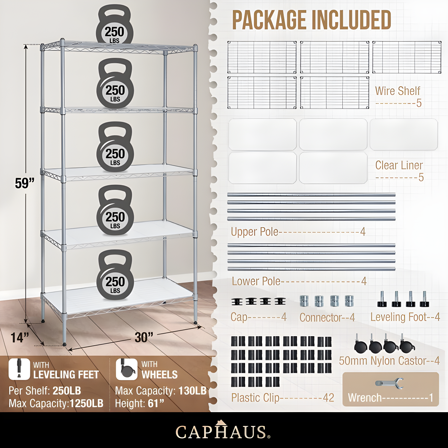 CAPHAUS NSF Commercial Grade Heavy Duty Wire Shelving w/ Wheels, w/ Liner, 36 x 18 x 76 5-Tier