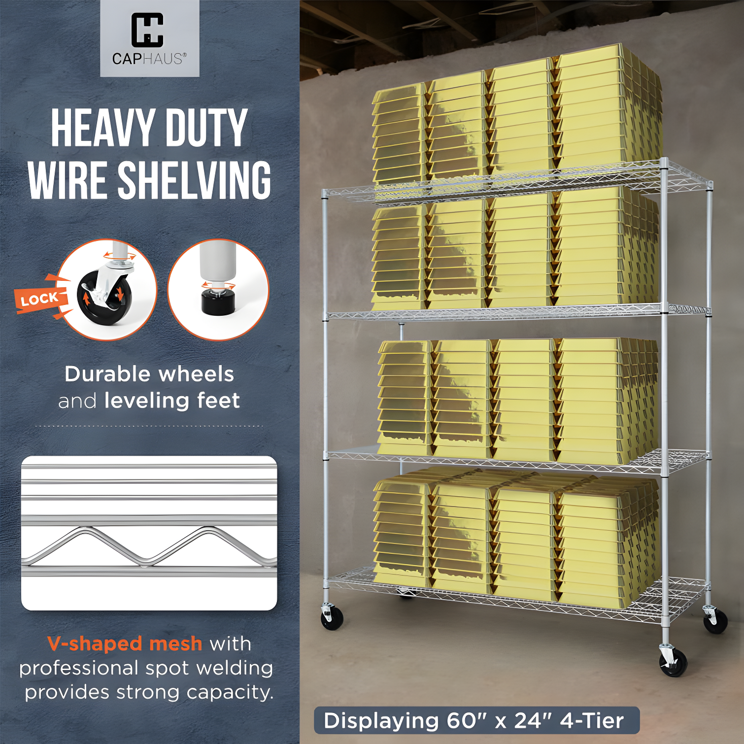 CAPHAUS NSF Commercial Grade Heavy Duty Wire Shelving w/ Wheels, w/ Liner, 36 x 18 x 76 5-Tier
