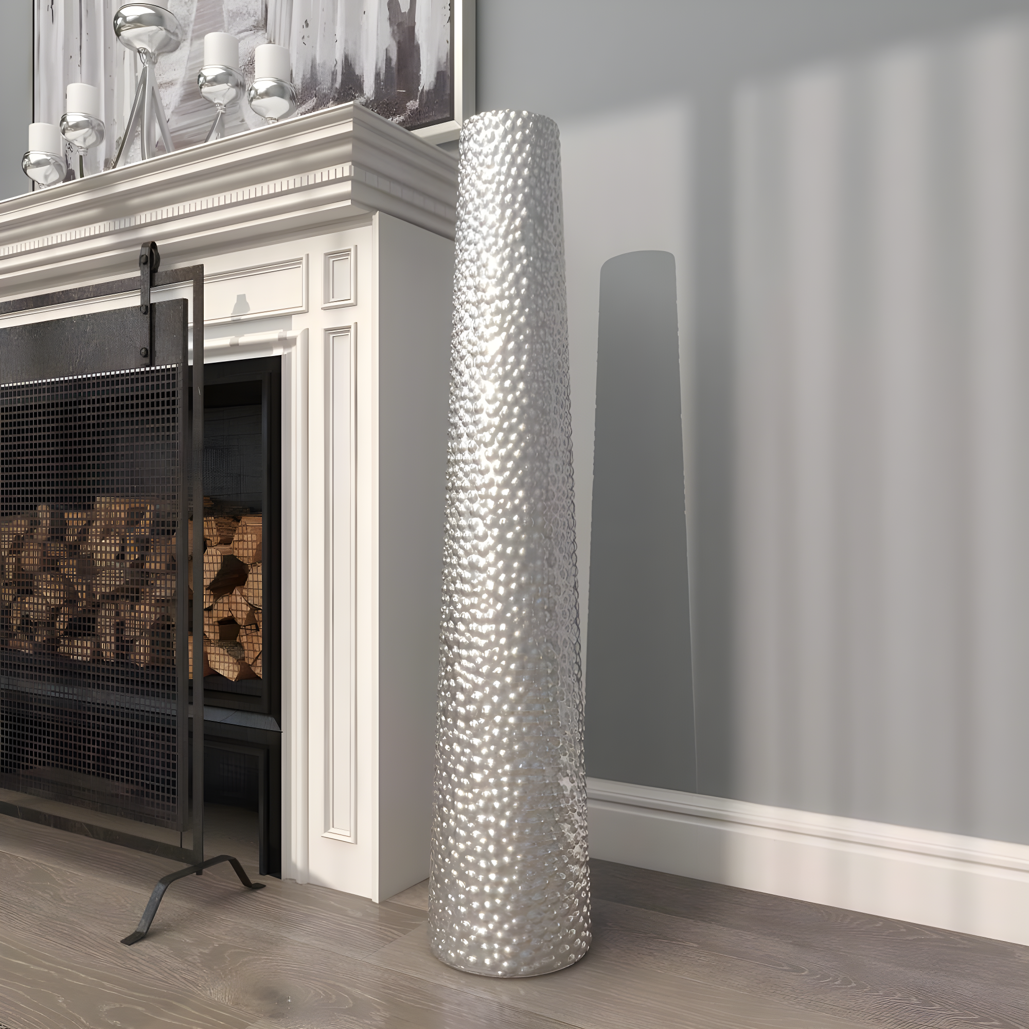 DecMode Glam Silver Round Large and Tall Cylindrical Floor Vase, Ceramic with Beaded Textured Pattern, 8'W x 50'H