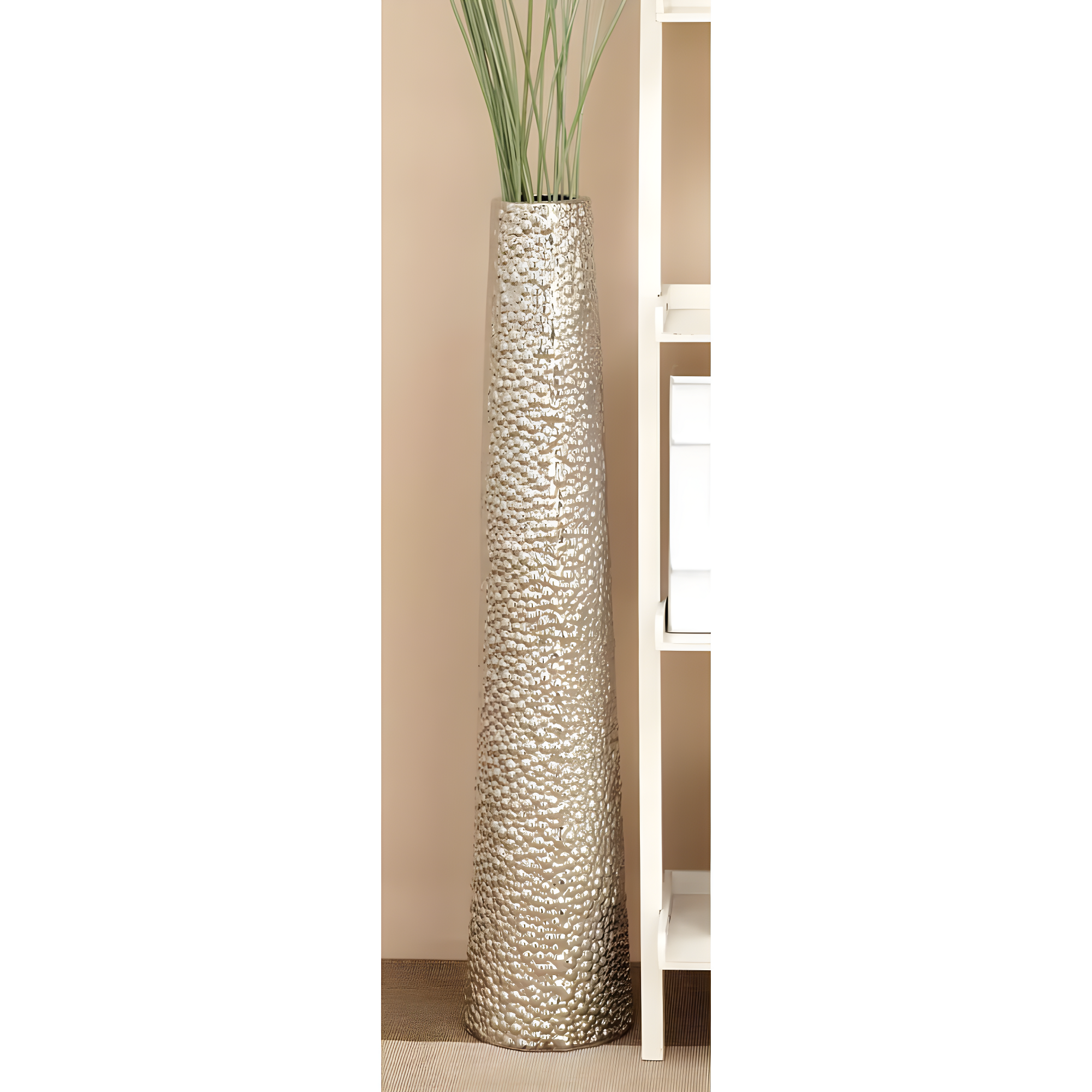 DecMode Glam Silver Round Large and Tall Cylindrical Floor Vase, Ceramic with Beaded Textured Pattern, 8'W x 50'H