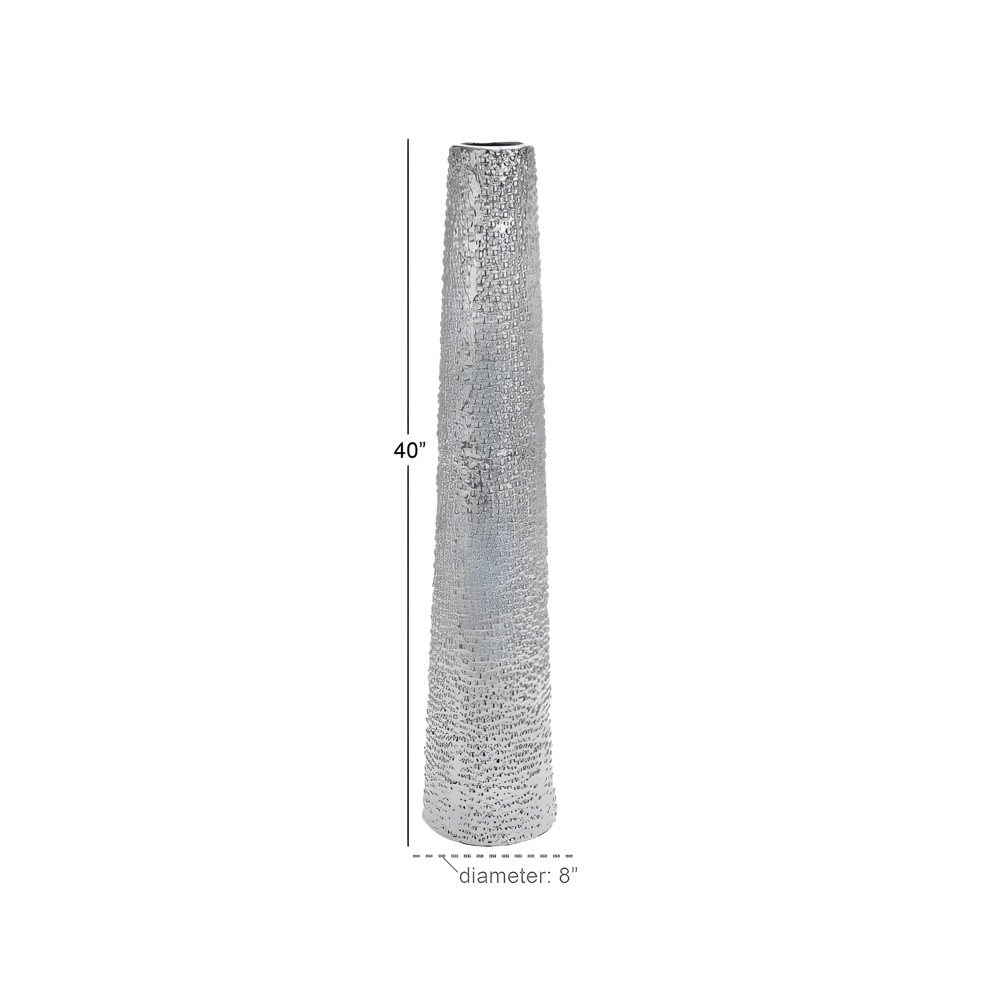DecMode Glam Silver Round Large and Tall Cylindrical Floor Vase, Ceramic with Beaded Textured Pattern, 8'W x 50'H