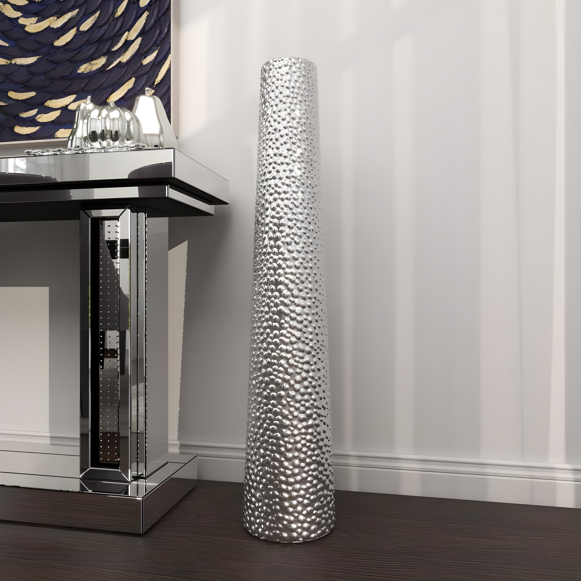 DecMode Glam Silver Round Large and Tall Cylindrical Floor Vase, Ceramic with Beaded Textured Pattern, 8'W x 50'H