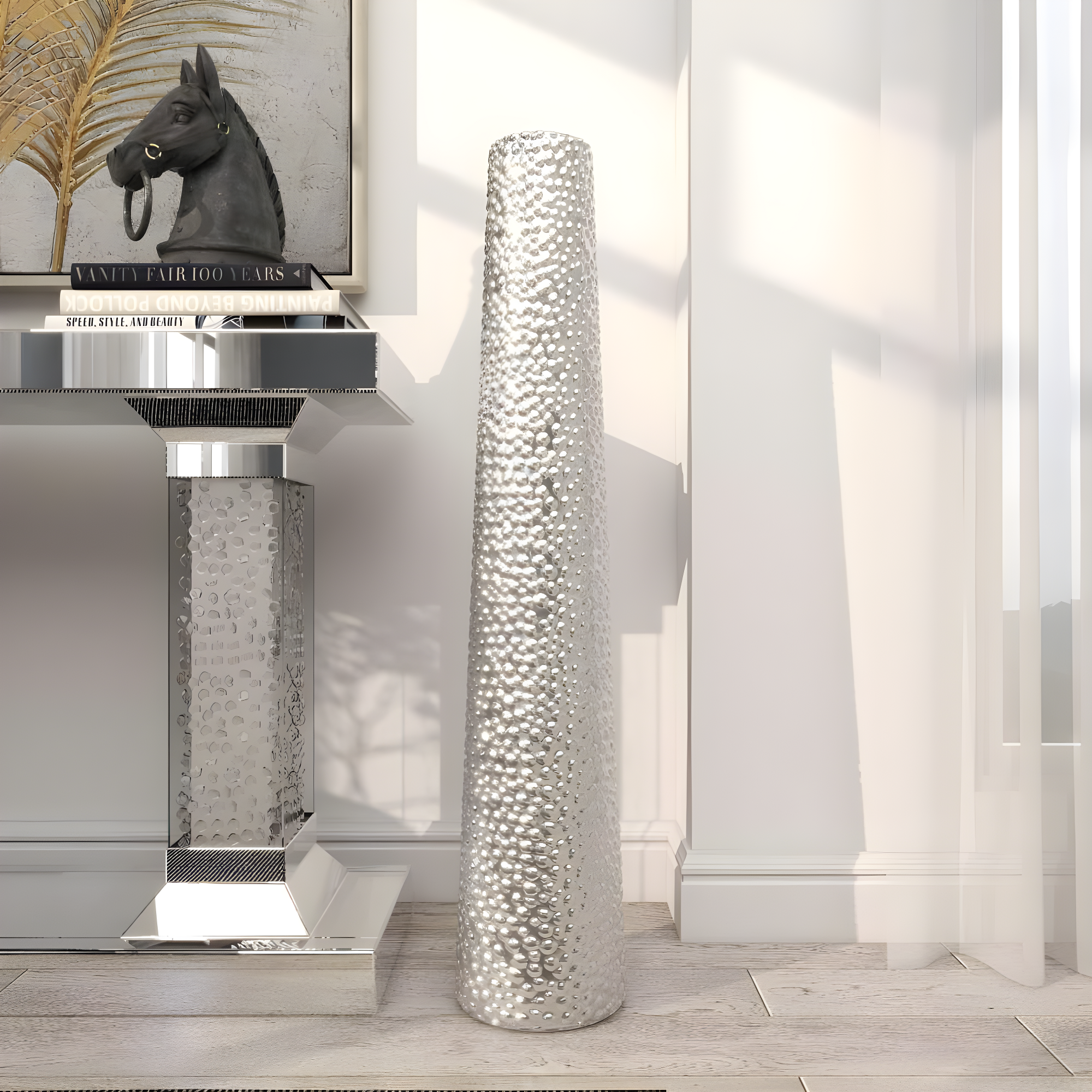 DecMode Glam Silver Round Large and Tall Cylindrical Floor Vase, Ceramic with Beaded Textured Pattern, 8'W x 50'H