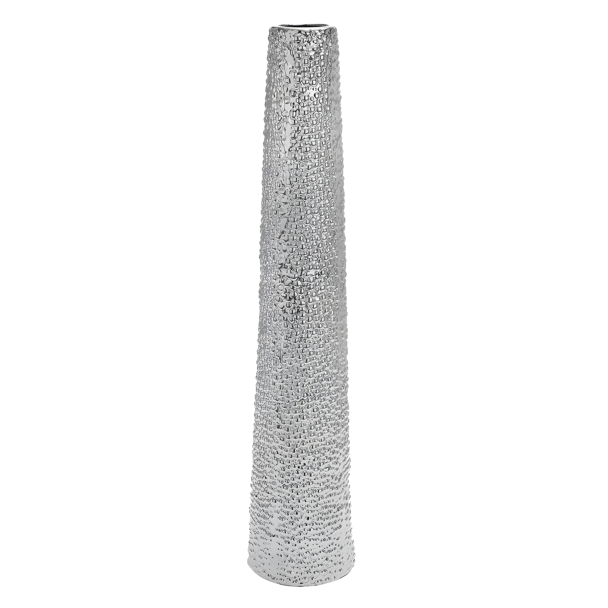 DecMode Glam Silver Round Large and Tall Cylindrical Floor Vase, Ceramic with Beaded Textured Pattern, 8'W x 50'H