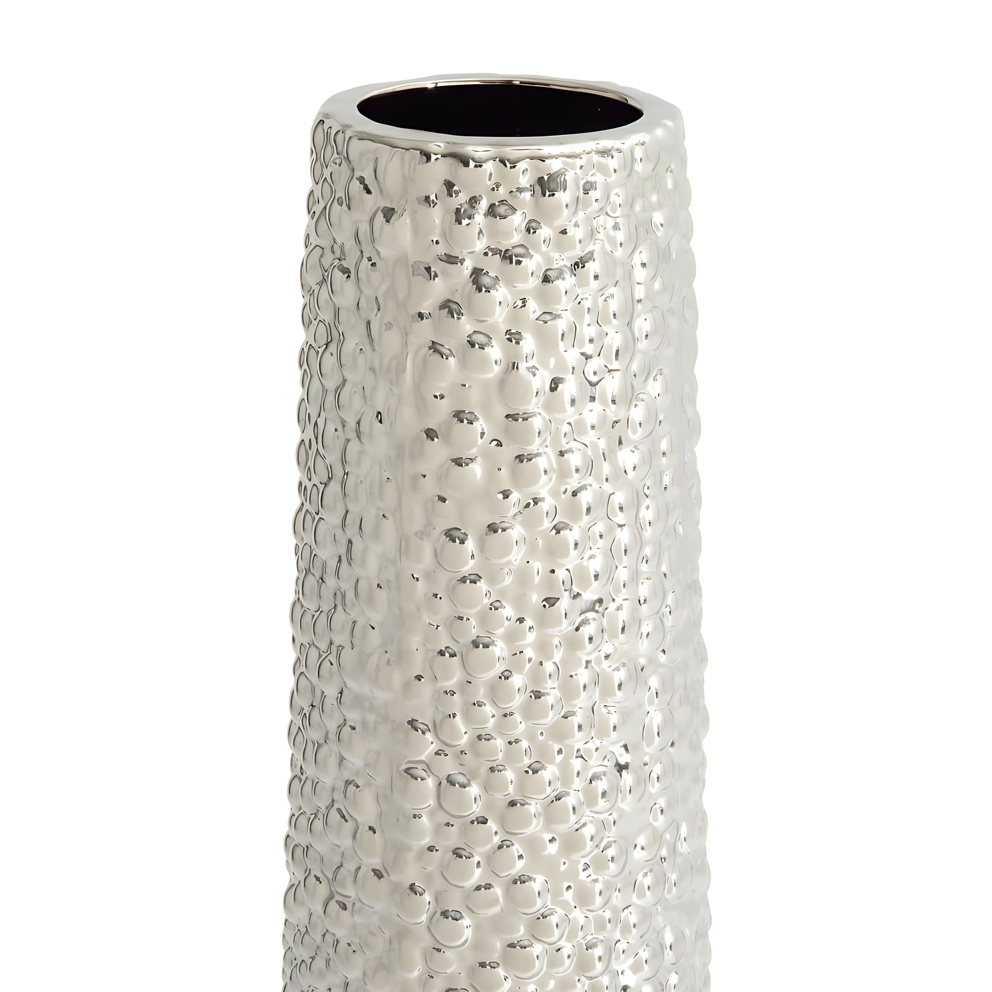 DecMode Glam Silver Round Large and Tall Cylindrical Floor Vase, Ceramic with Beaded Textured Pattern, 8'W x 50'H