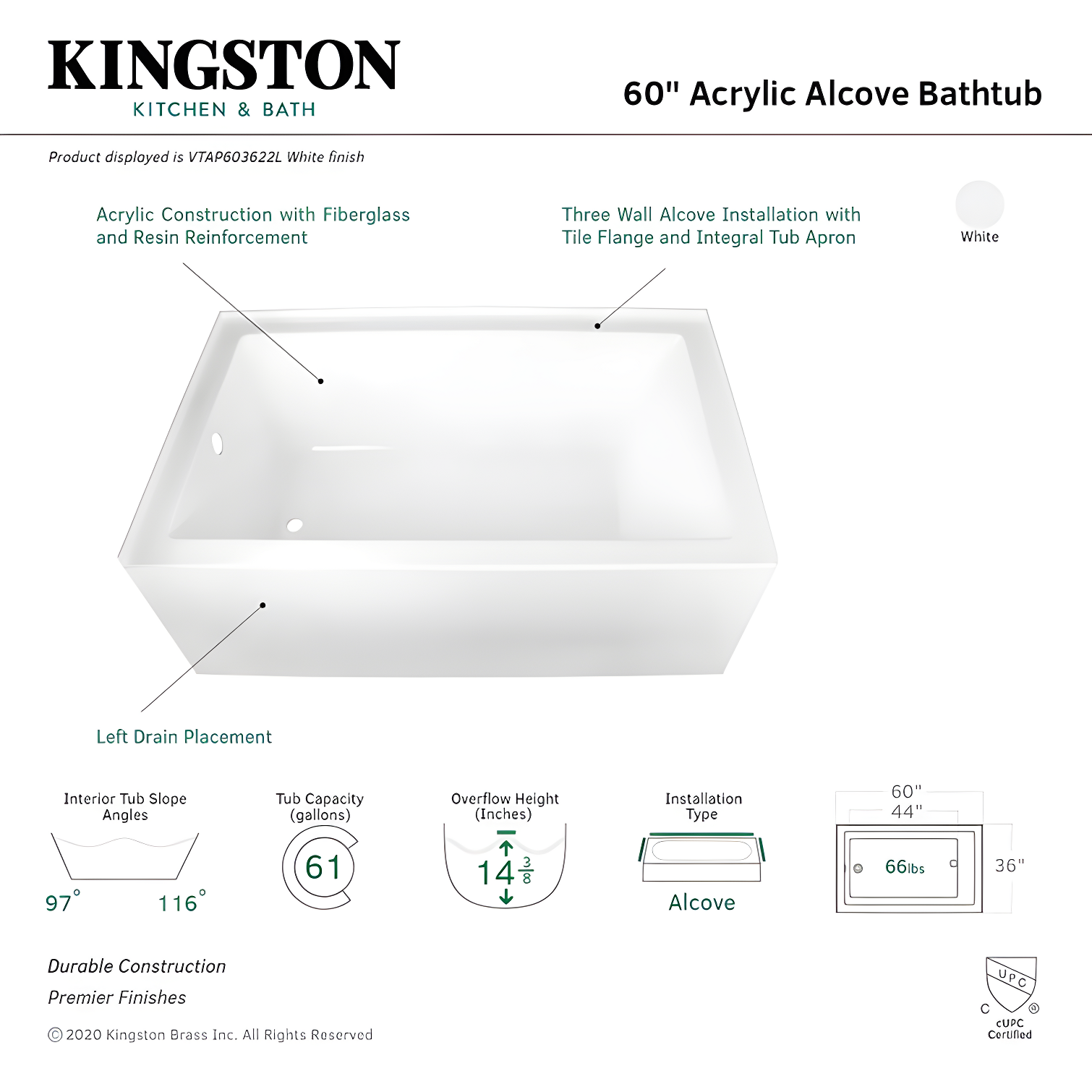 Kingston Brass Aqua Eden 60-Inch Acrylic Rectangular 3-Wall Alcove Tub