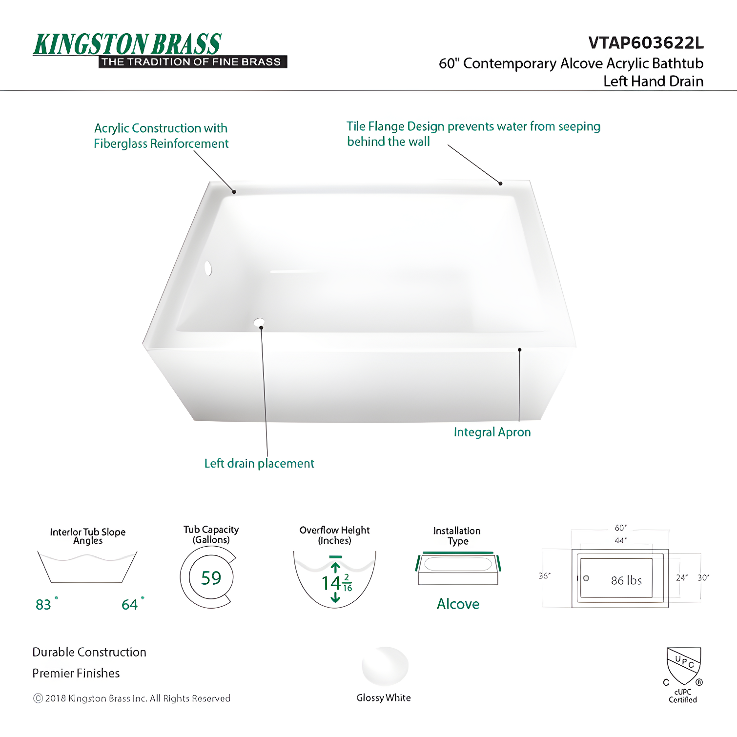 Kingston Brass Aqua Eden 60-Inch Acrylic Rectangular 3-Wall Alcove Tub