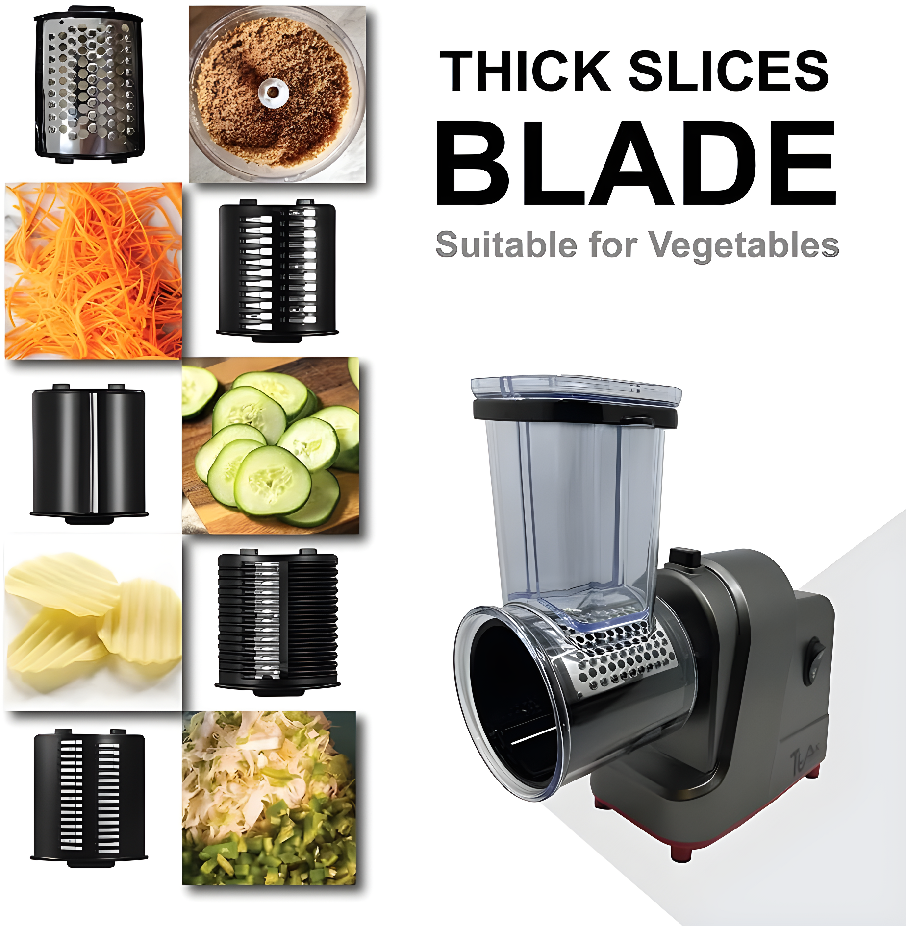 Ttak HOUSEWARE Electric Cheese Grater, 250W Professional Electric Slicer Shredder, One-Touch Control Electric Salad Machine Fruits, Vegetables, Cheeses, Salad Maker 5 Attachments Food Processor