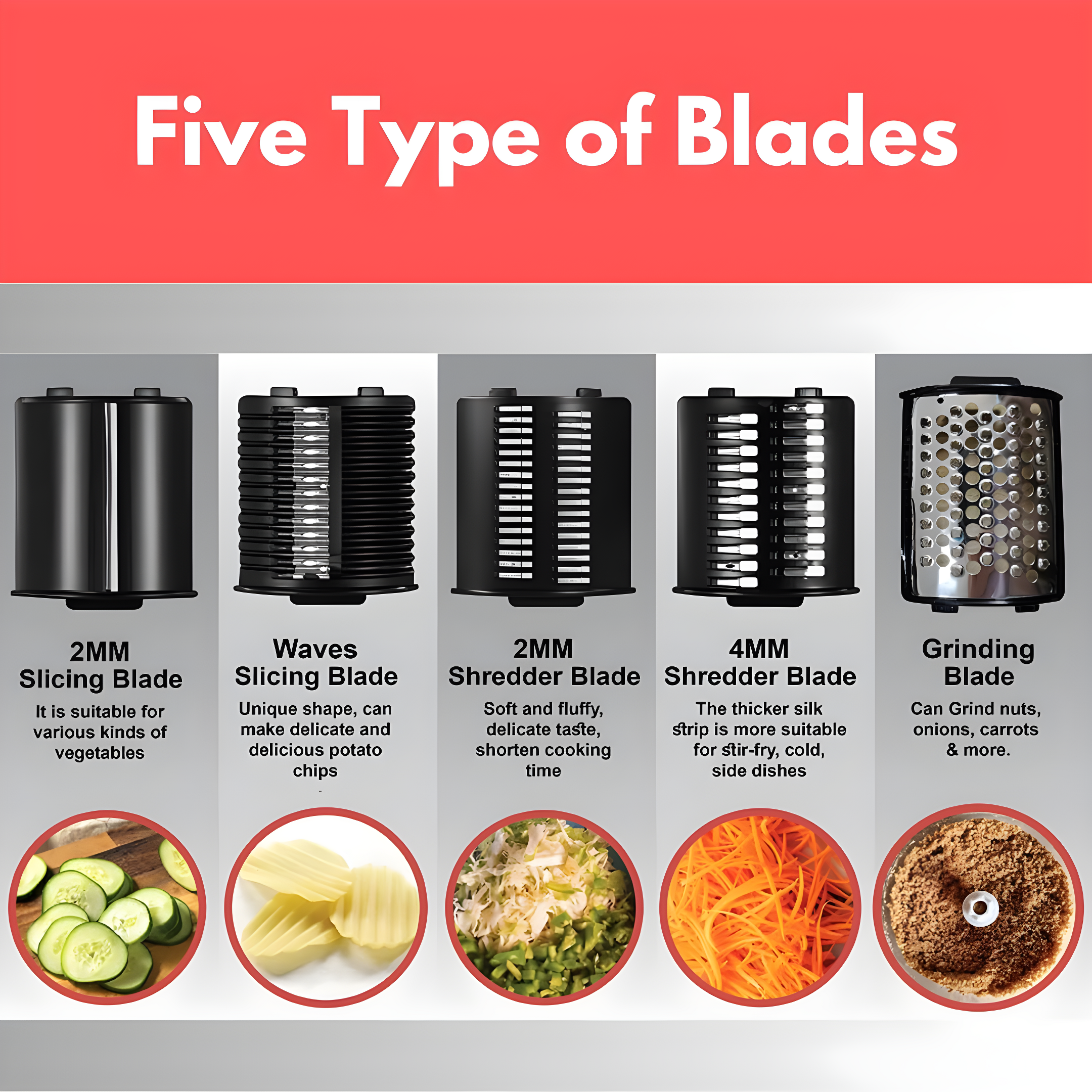 Ttak HOUSEWARE Electric Cheese Grater, 250W Professional Electric Slicer Shredder, One-Touch Control Electric Salad Machine Fruits, Vegetables, Cheeses, Salad Maker 5 Attachments Food Processor