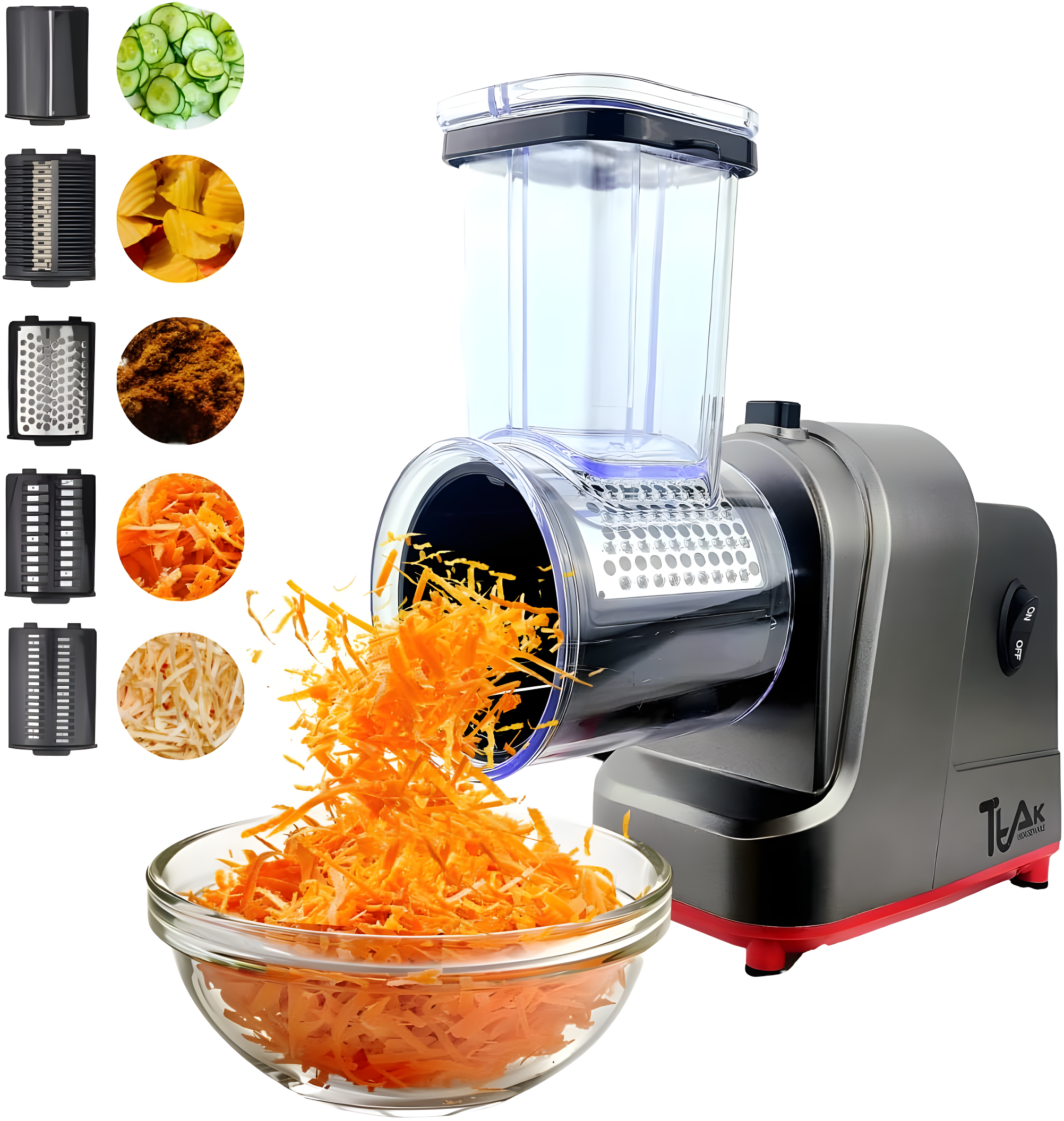 Ttak HOUSEWARE Electric Cheese Grater, 250W Professional Electric Slicer Shredder, One-Touch Control Electric Salad Machine Fruits, Vegetables, Cheeses, Salad Maker 5 Attachments Food Processor