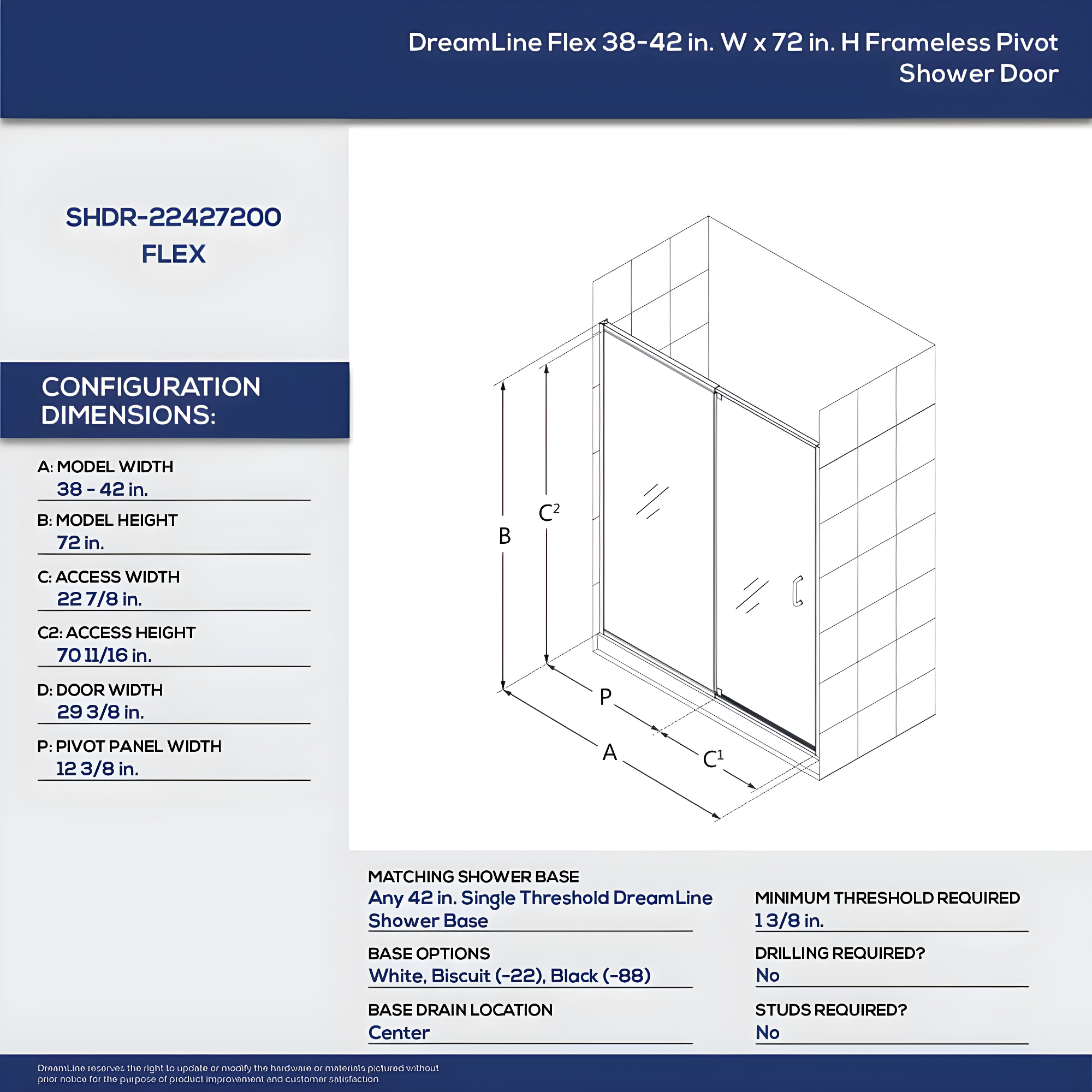 Flex 38" W x 72" H Pivot Semi-Frameless Shower Door
